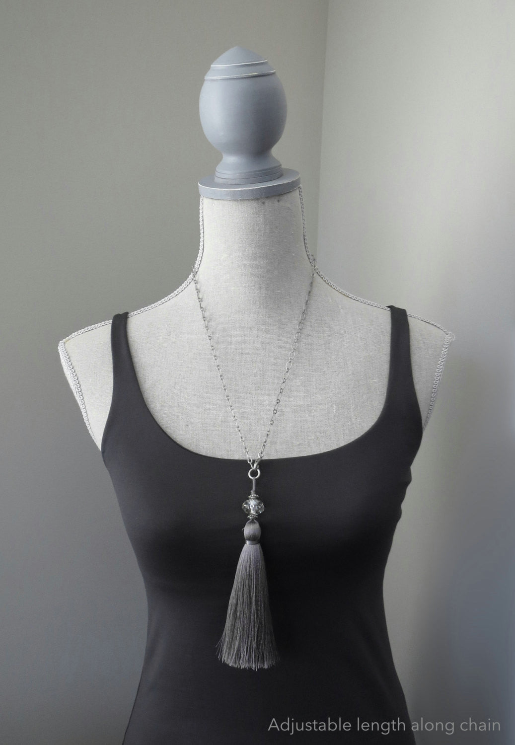 Grey Silk Tassel Necklace with  Crystal