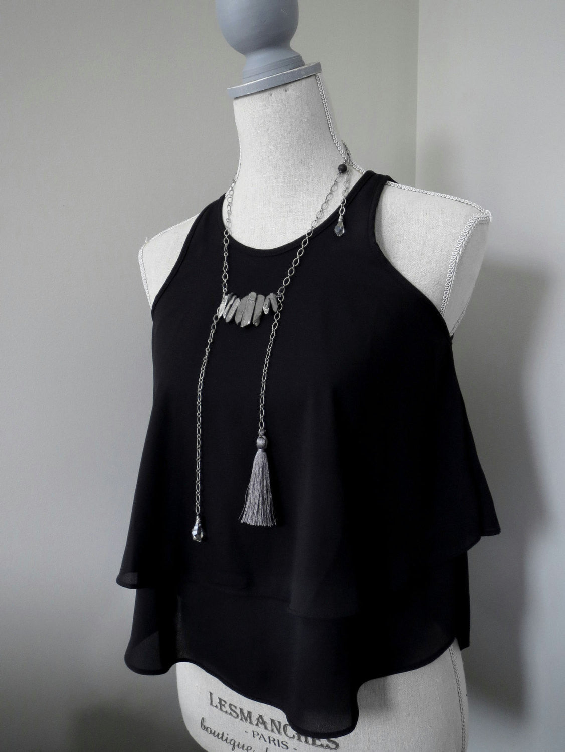 ASYMMETRY - Rough Cut Titanium Quartz, Silk Tassel & Crystal Necklace