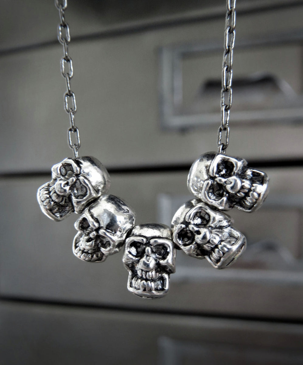 Five Tiny Silver Skull Pendant Necklace, Halloween Goth Gothic Jewelry ...