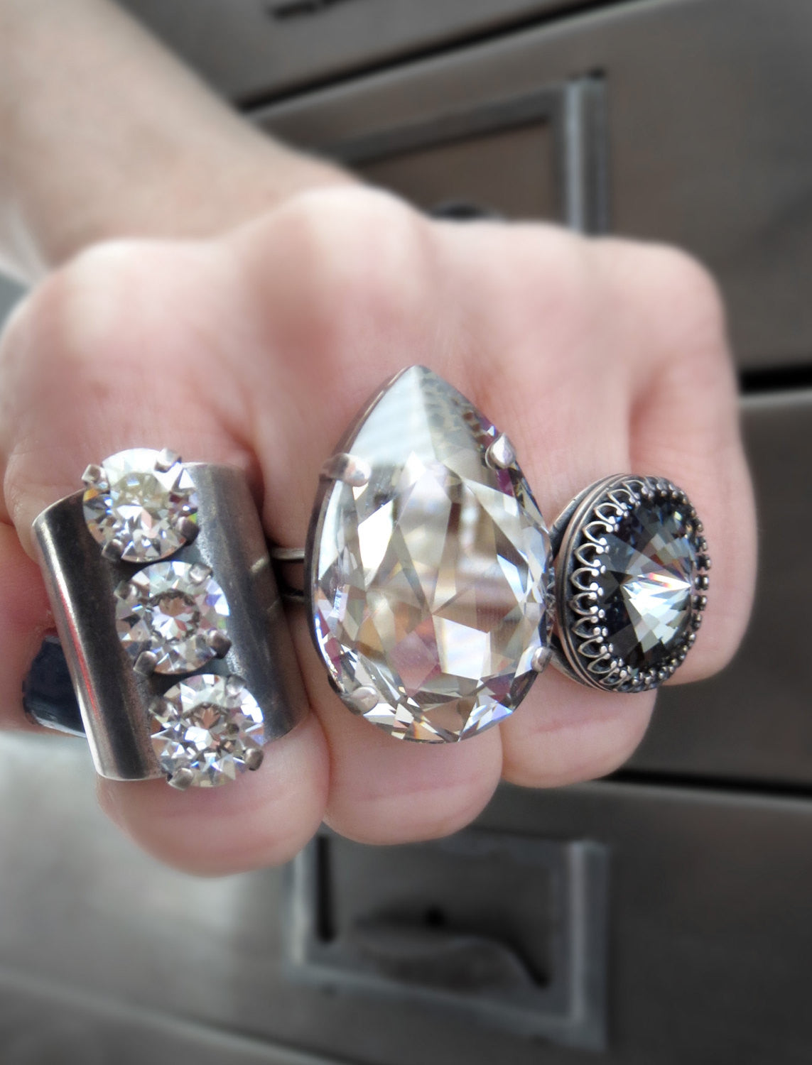 BEWITCHED - Large Modern Teardrop Silver Patina Crystal Ring