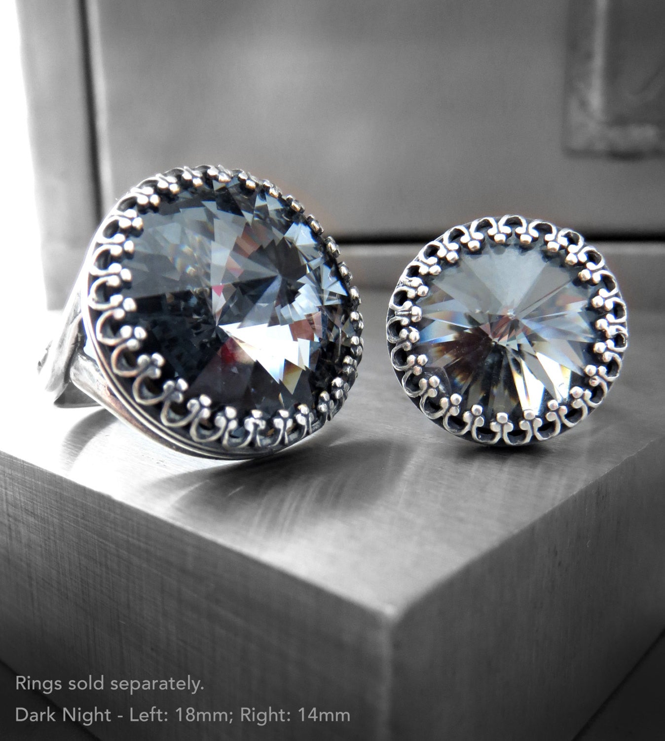 Black Night Crystal Rivoli Ring with Crown Bezel