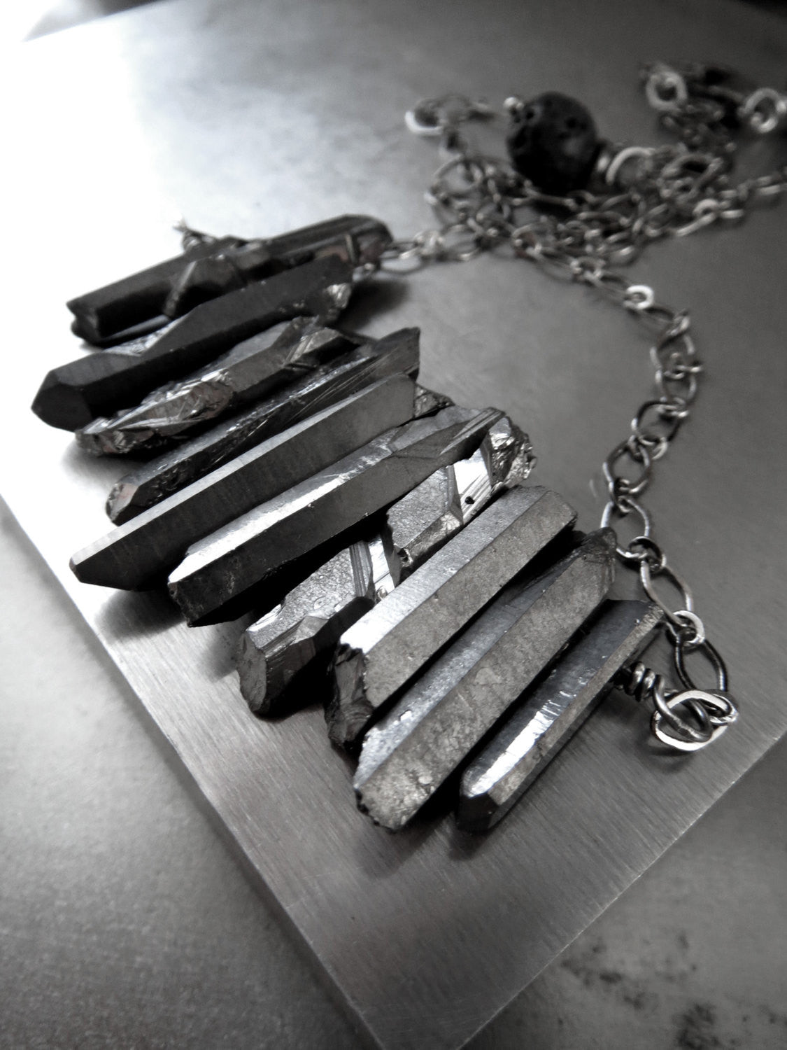 Gunmetal Black Rough-Cut Quartz Spike Necklace