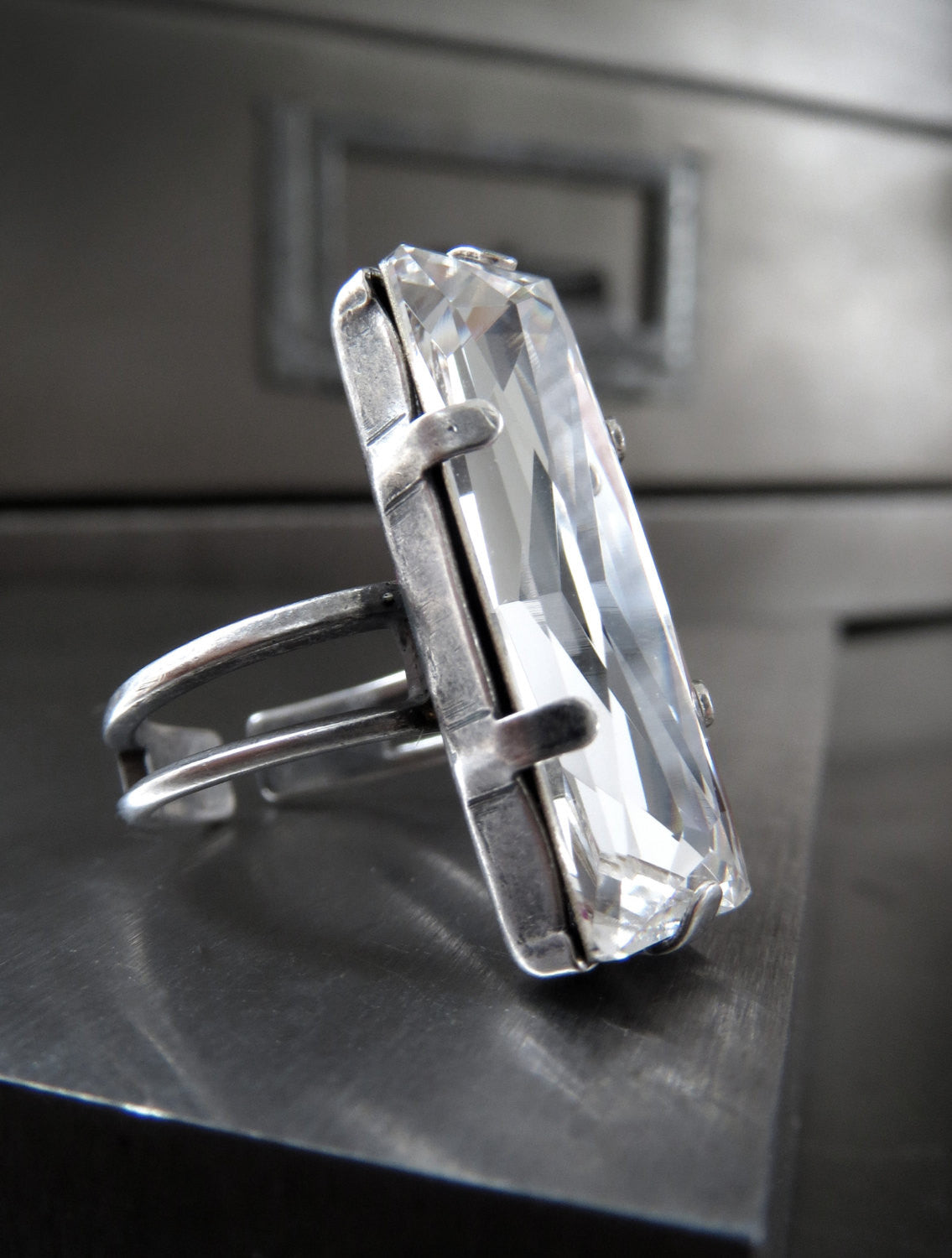 Modern Architectural Crystal Ring - Clear Crystal