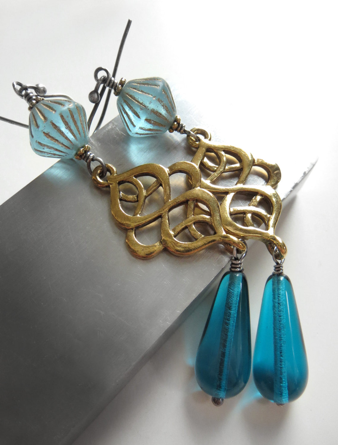 Long Gold Scroll Earrings with Aqua Glass Teadrops