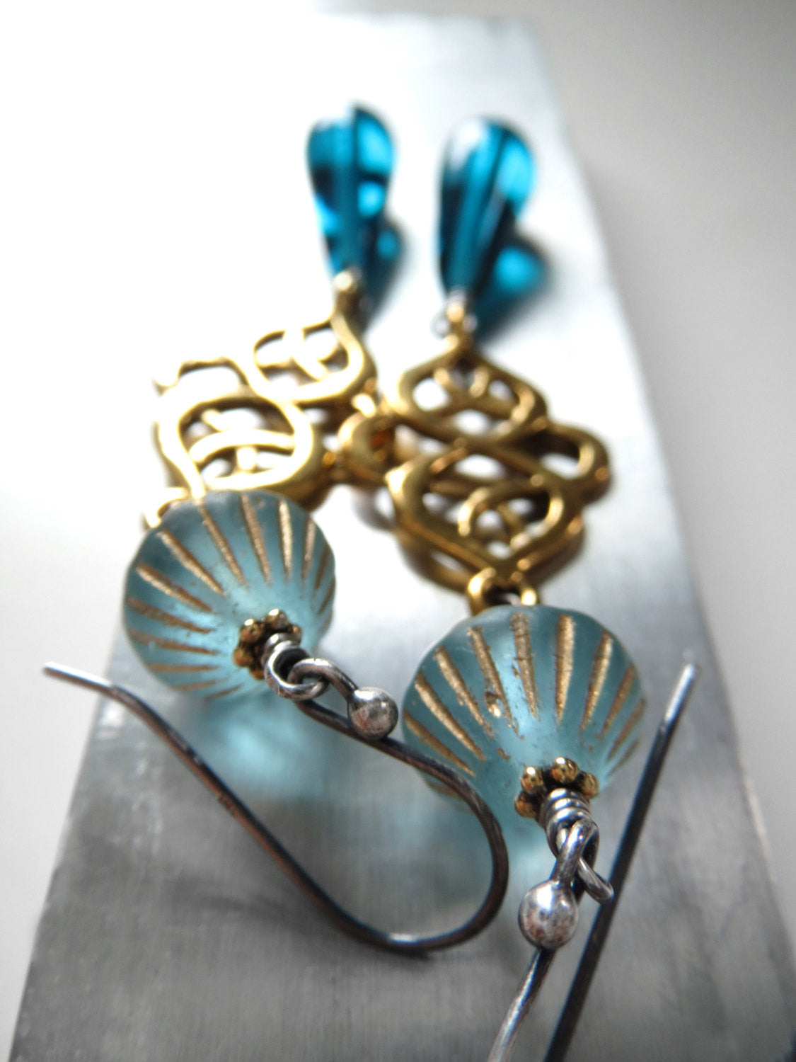 Long Gold Scroll Earrings with Aqua Glass Teadrops