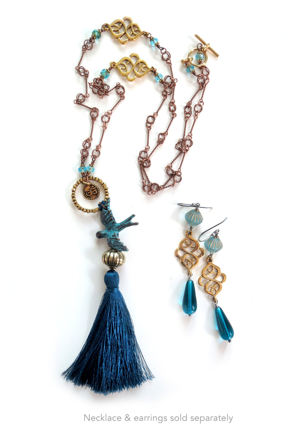 Long Gold Scroll Earrings with Aqua Glass Teadrops