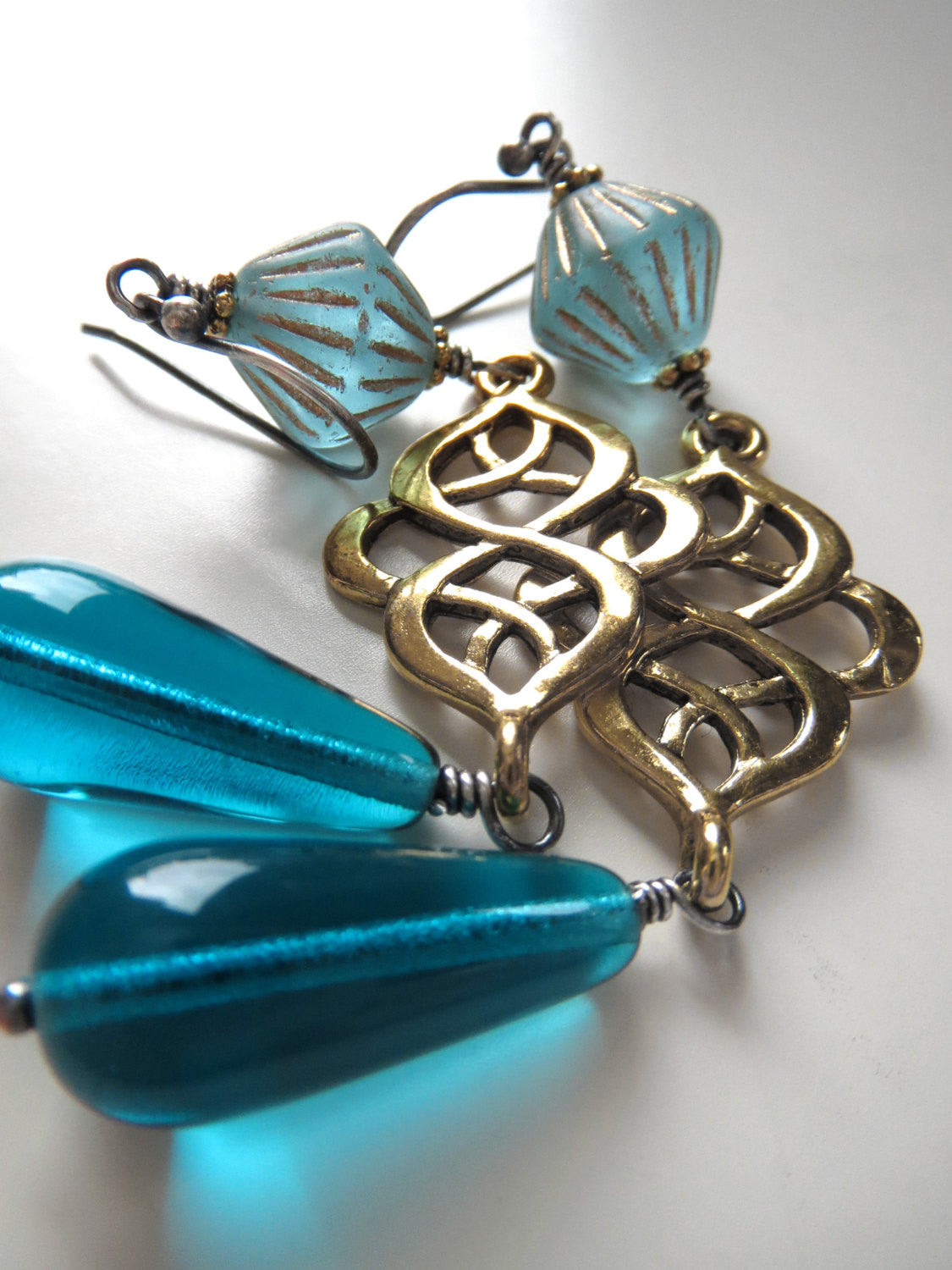 Long Gold Scroll Earrings with Aqua Glass Teadrops