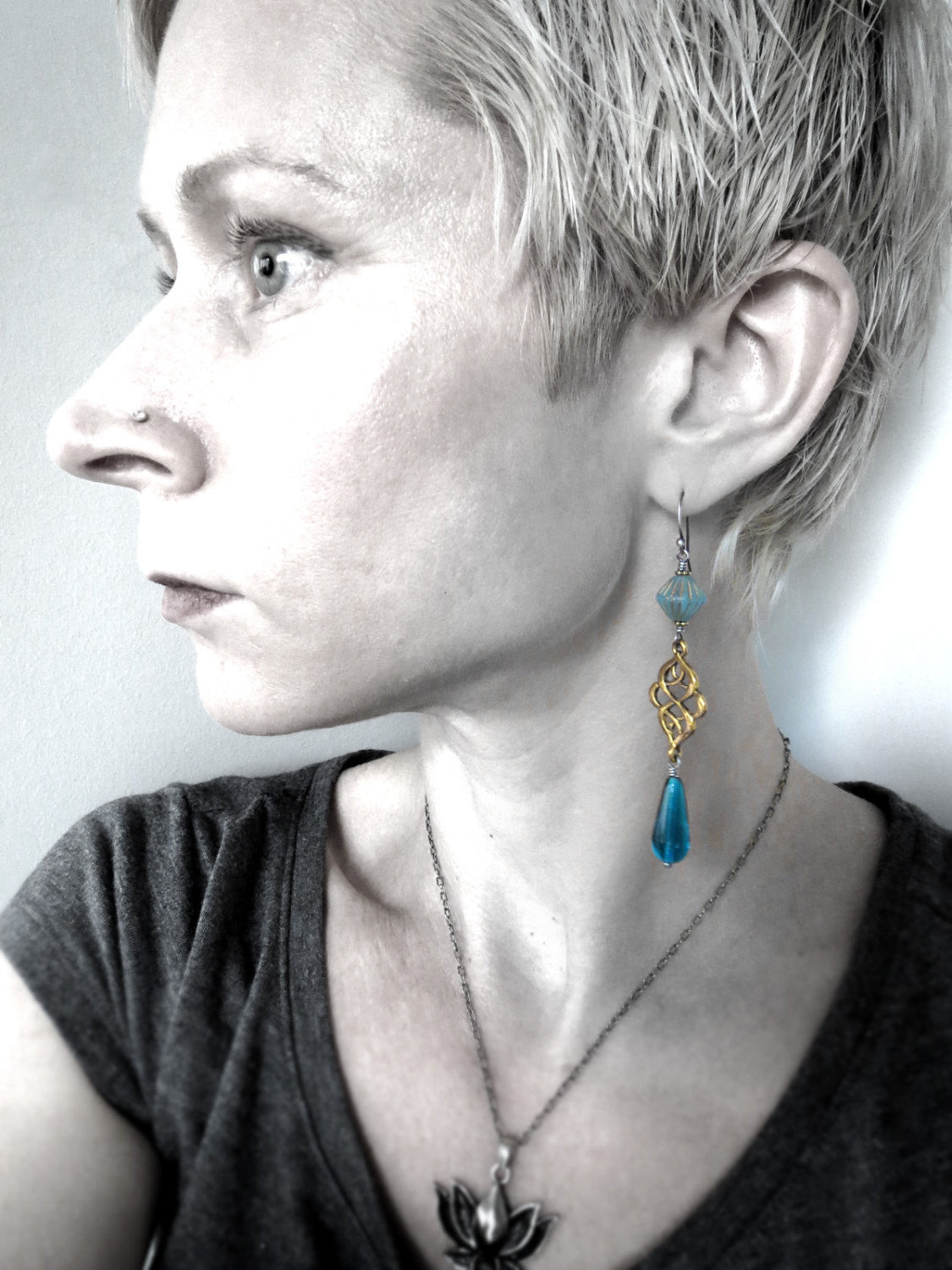 Long Gold Scroll Earrings with Aqua Glass Teadrops