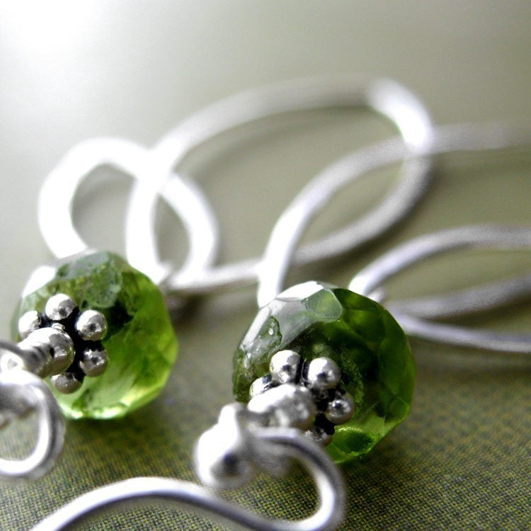 Green Vessonite Gemstone Earrings with Sterling Silver Leaves