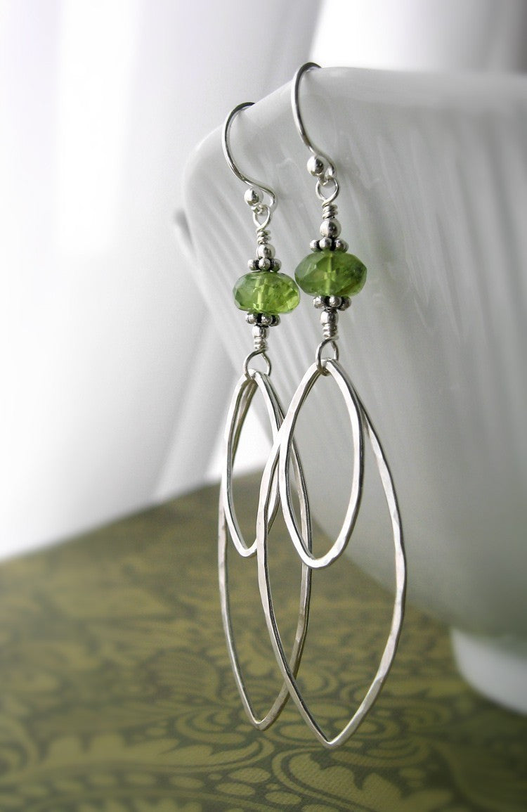 Green Vessonite Gemstone Earrings with Sterling Silver Leaves