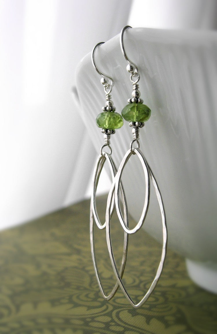 Green Vessonite Gemstone Earrings with Sterling Silver Leaves