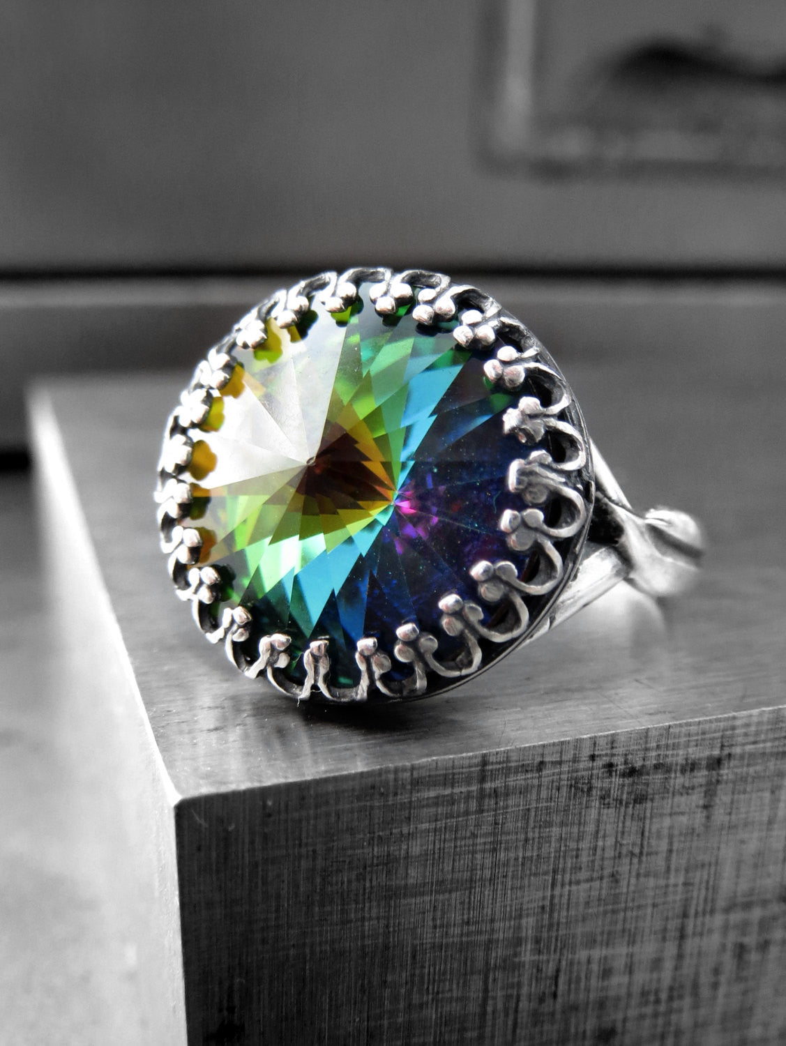 Rainbow Crystal Cocktail Ring with Vintage Style Crown Bezel
