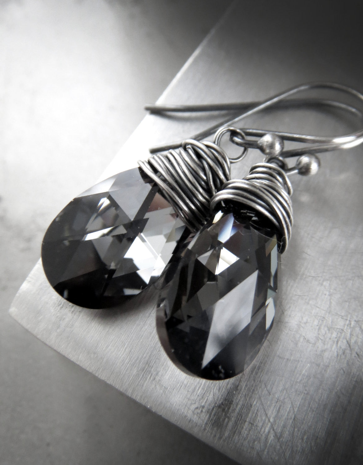 DARK NIGHT - Wire-Wrapped Teardrop Crystal Earrings