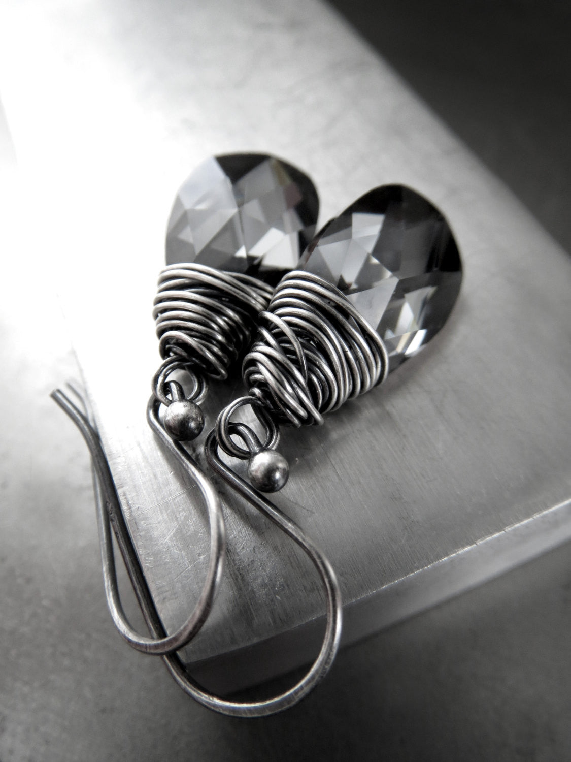 DARK NIGHT - Wire-Wrapped Teardrop Crystal Earrings