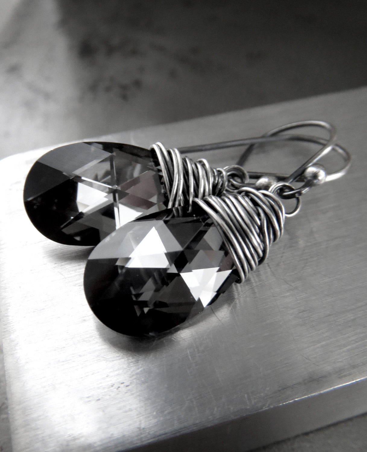 DARK NIGHT - Wire-Wrapped Teardrop Crystal Earrings