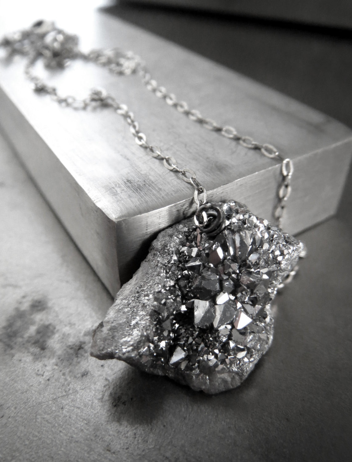 Rough Cut Druzy Necklace with Oxidized Sterling Silver