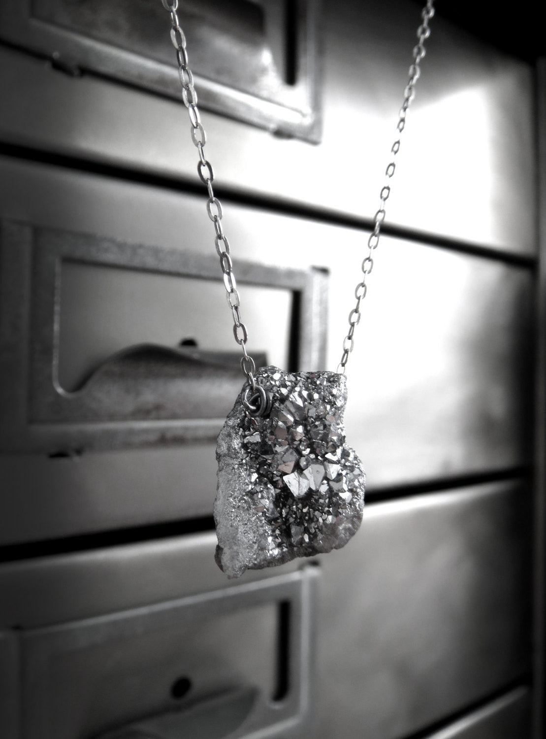 Rough Cut Druzy Necklace with Oxidized Sterling Silver