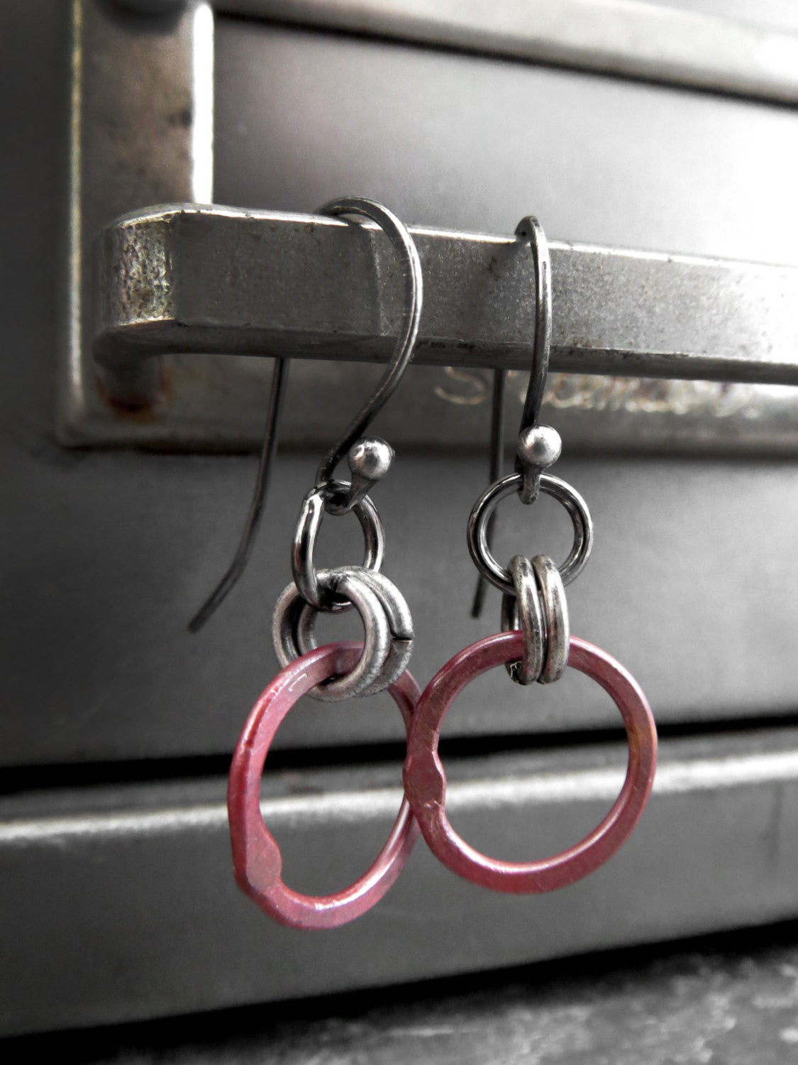 Rustic Muted Red Circle Earrings with Antiqued Silver