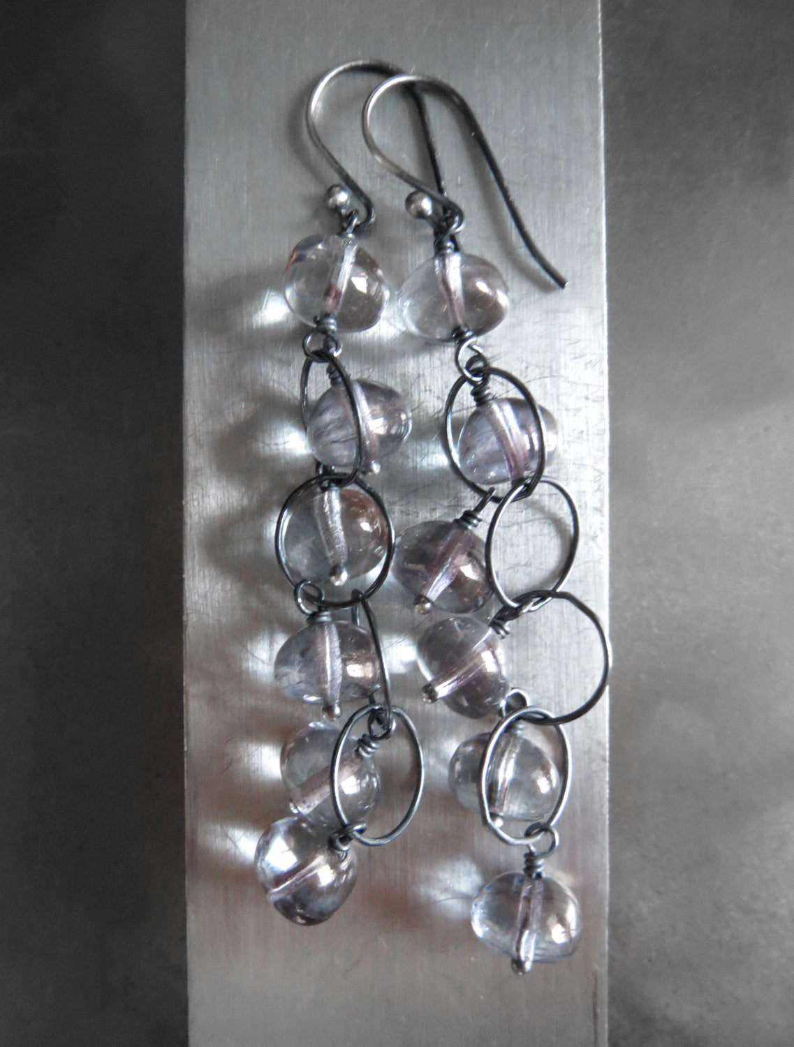 LITTLE ORBS - Soft Grey Glass Drop Earrings on Oxidized Silver Chain