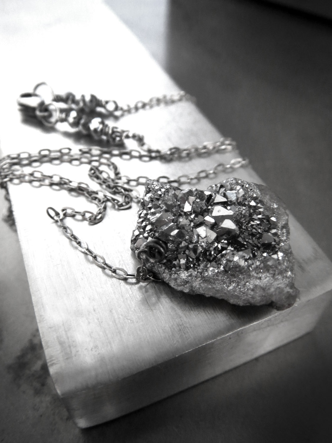 Rough Cut Druzy Necklace with Oxidized Sterling Silver
