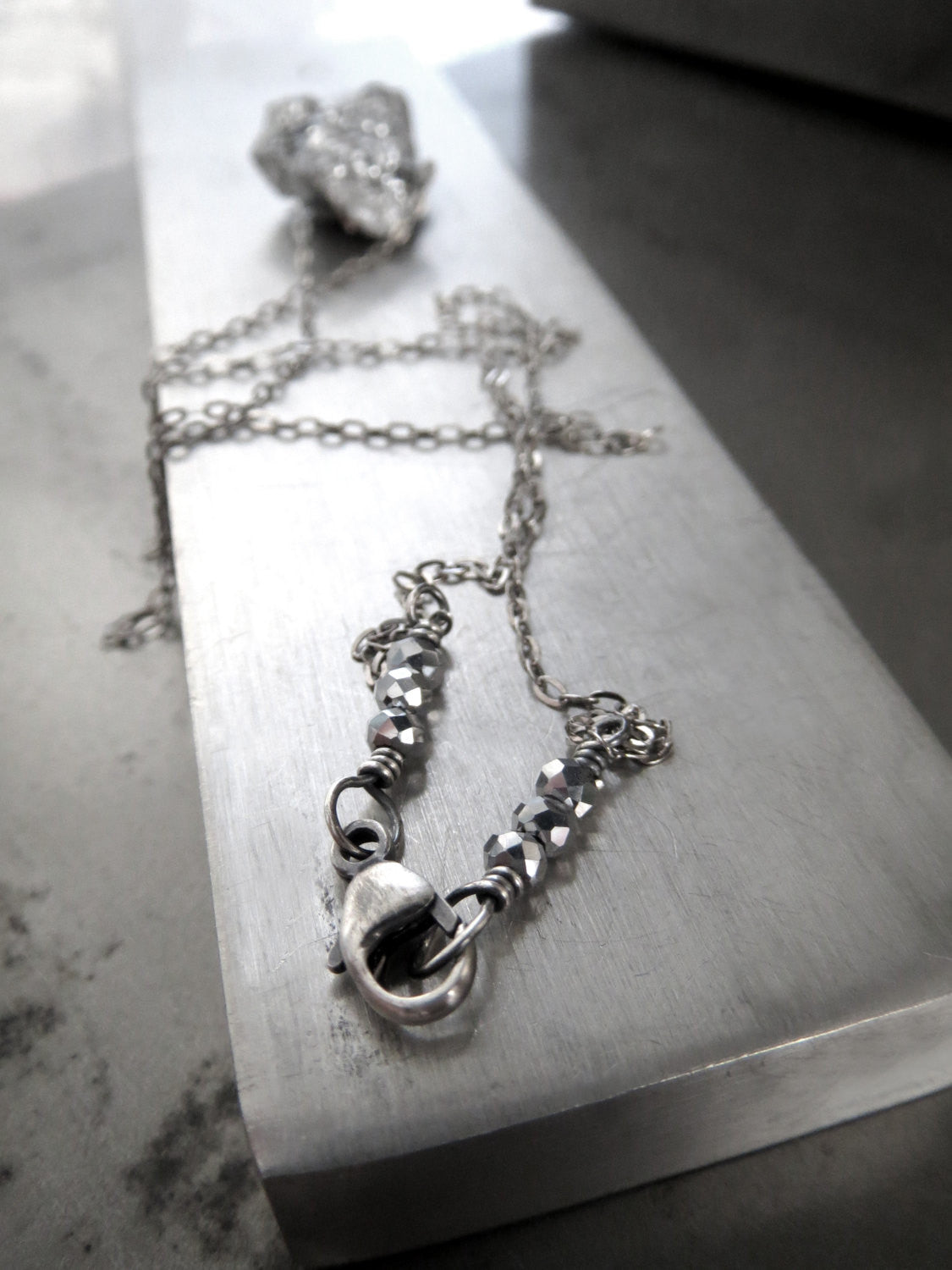 Rough Cut Druzy Necklace with Oxidized Sterling Silver
