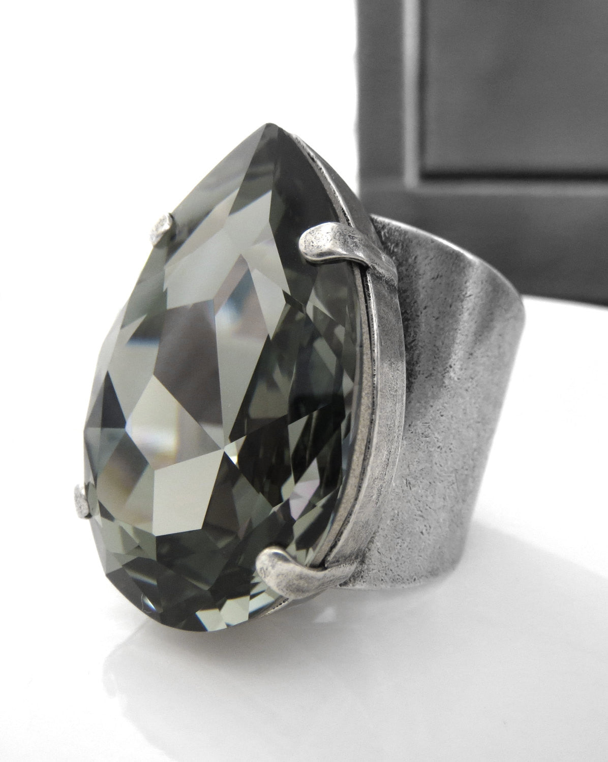 NIGHTFALL - Large Teardrop Black Diamond Crystal Ring