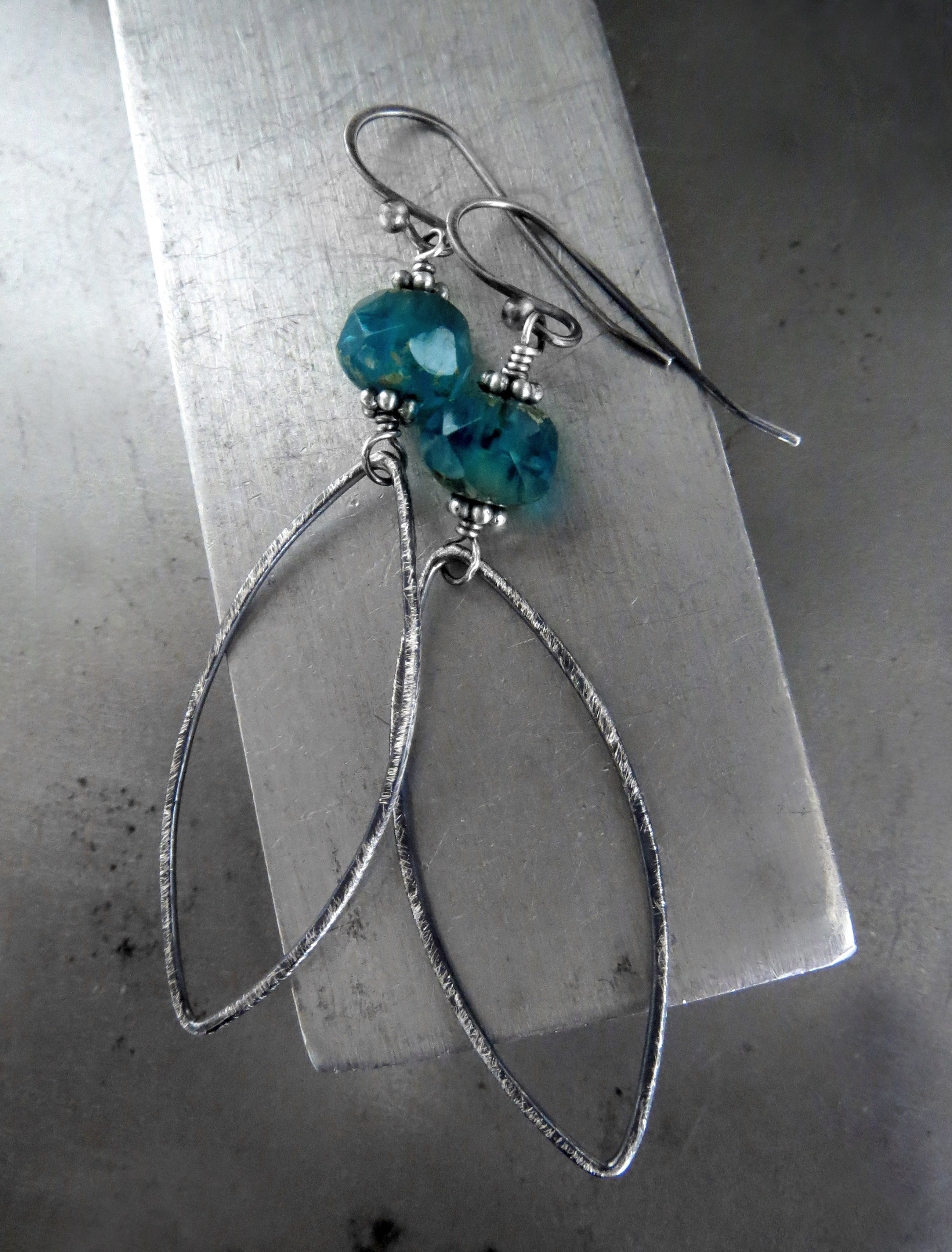 Earthy Aqua Blue Glass Earrings with Hammered Oxidized Sterling Silver Leaves