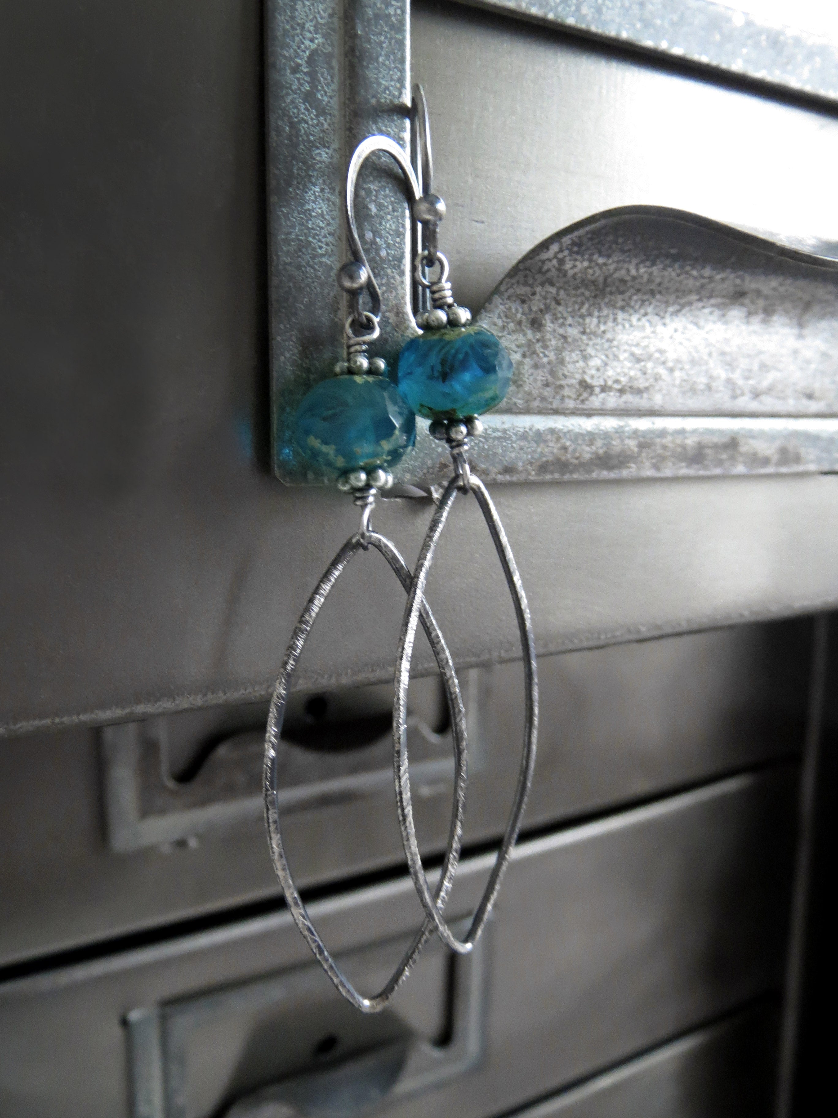 Earthy Aqua Blue Glass Earrings with Hammered Oxidized Sterling Silver Leaves