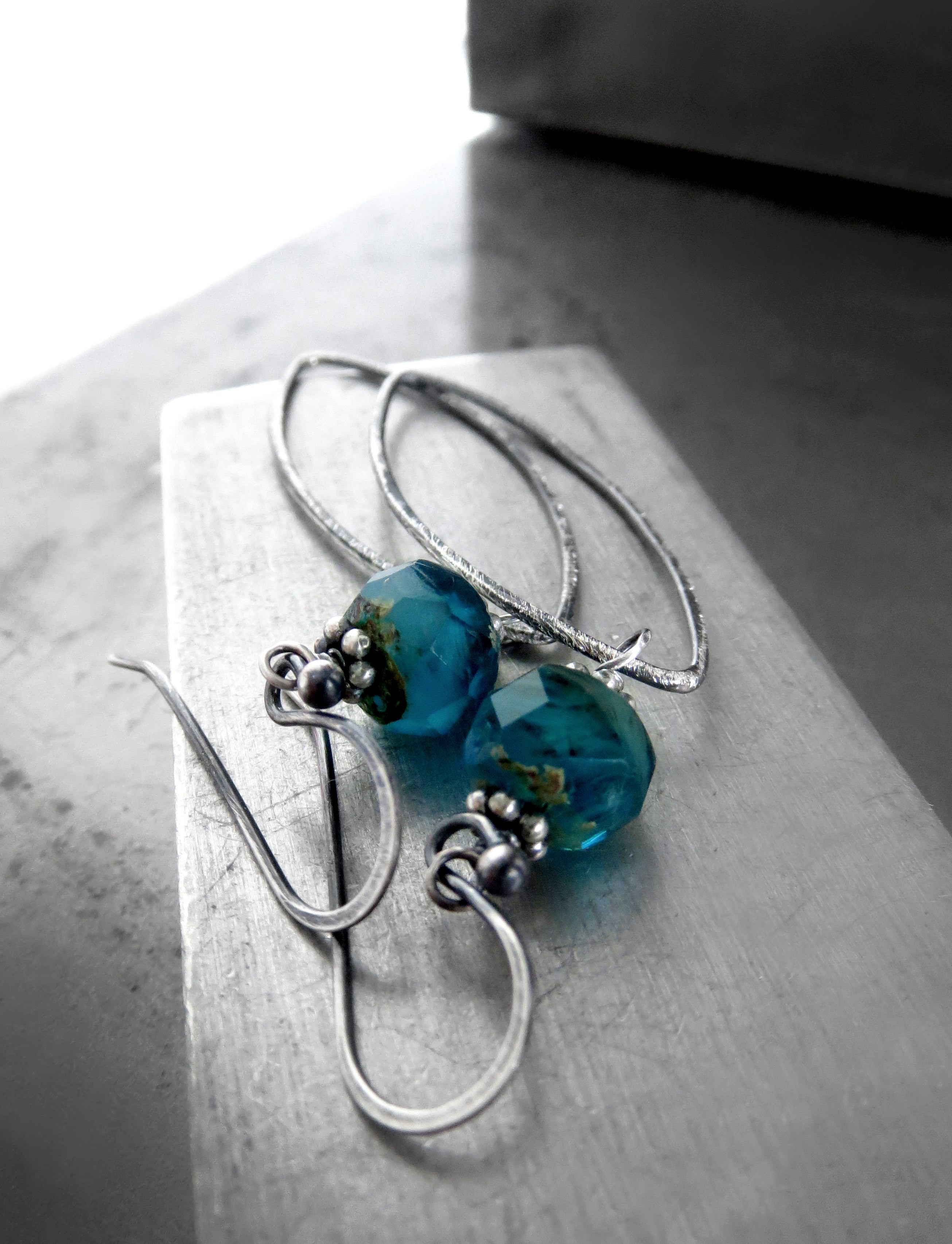 Earthy Aqua Blue Glass Earrings with Hammered Oxidized Sterling Silver Leaves