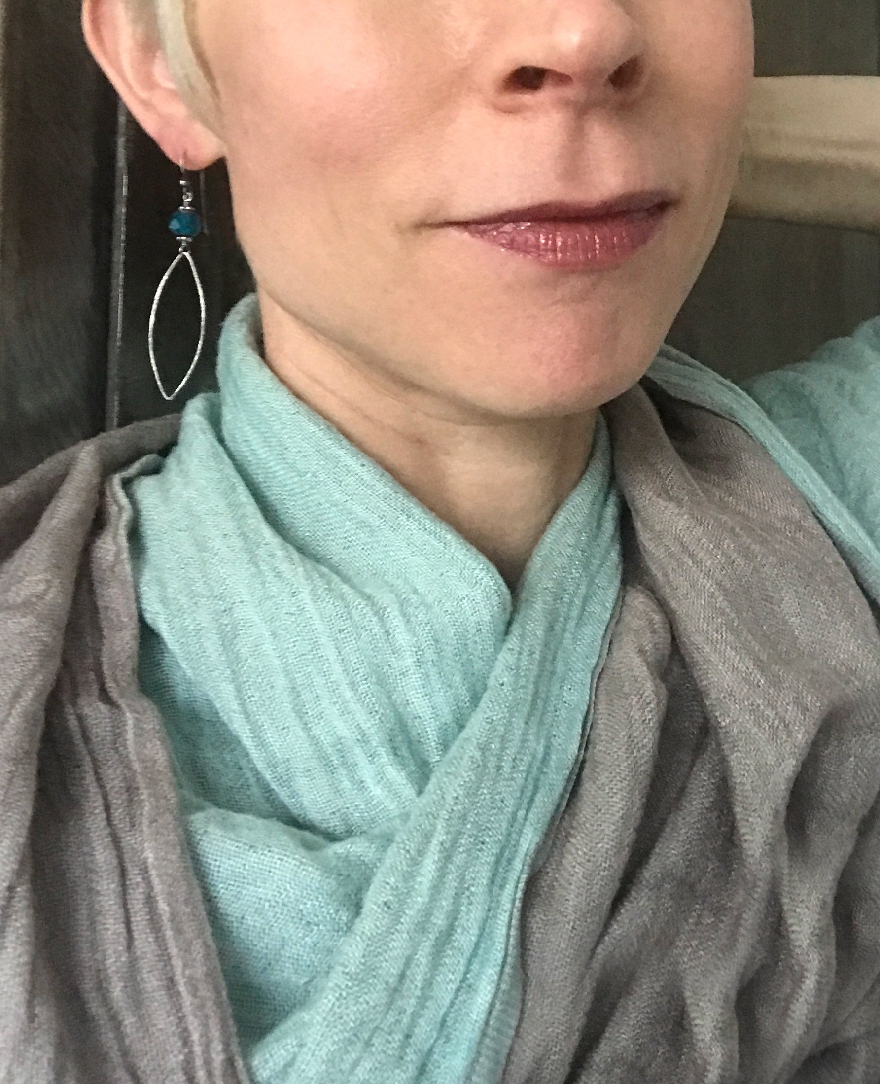 Earthy Aqua Blue Glass Earrings with Hammered Oxidized Sterling Silver Leaves