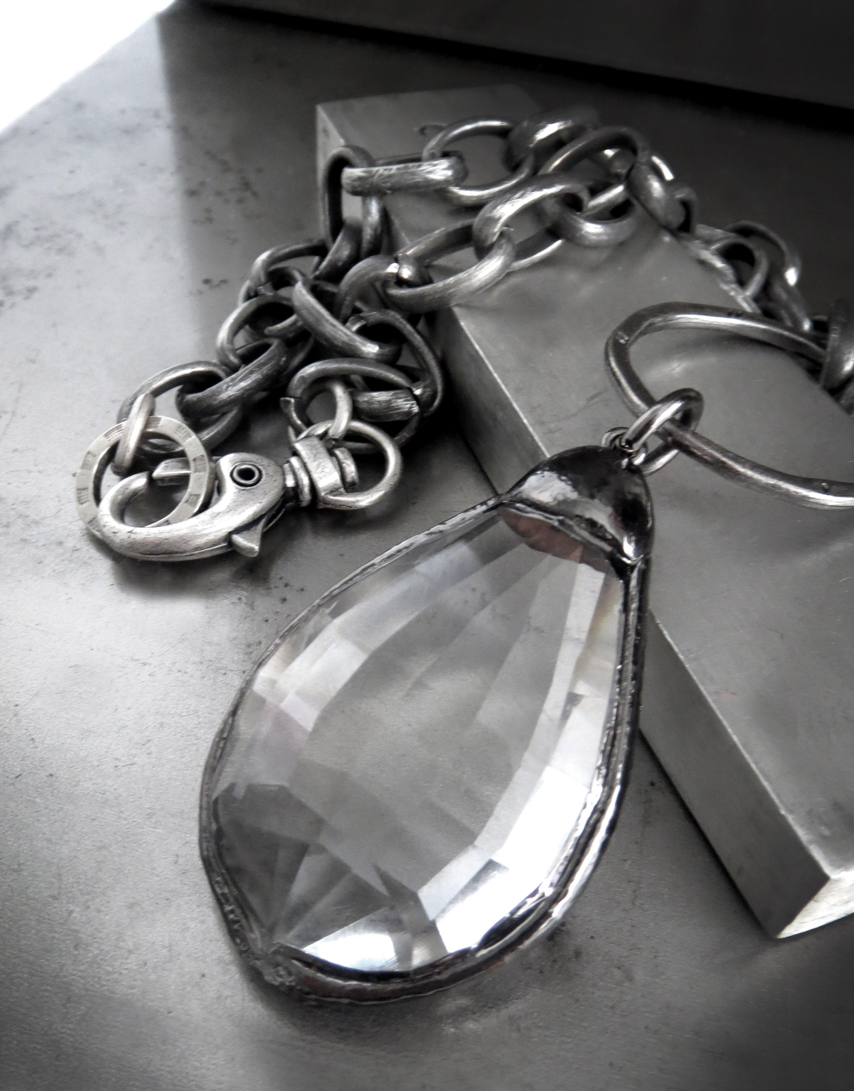 MEDIEVAL: Large Clear Glass Teardrop Necklace with Chunky Antique Silver Chain