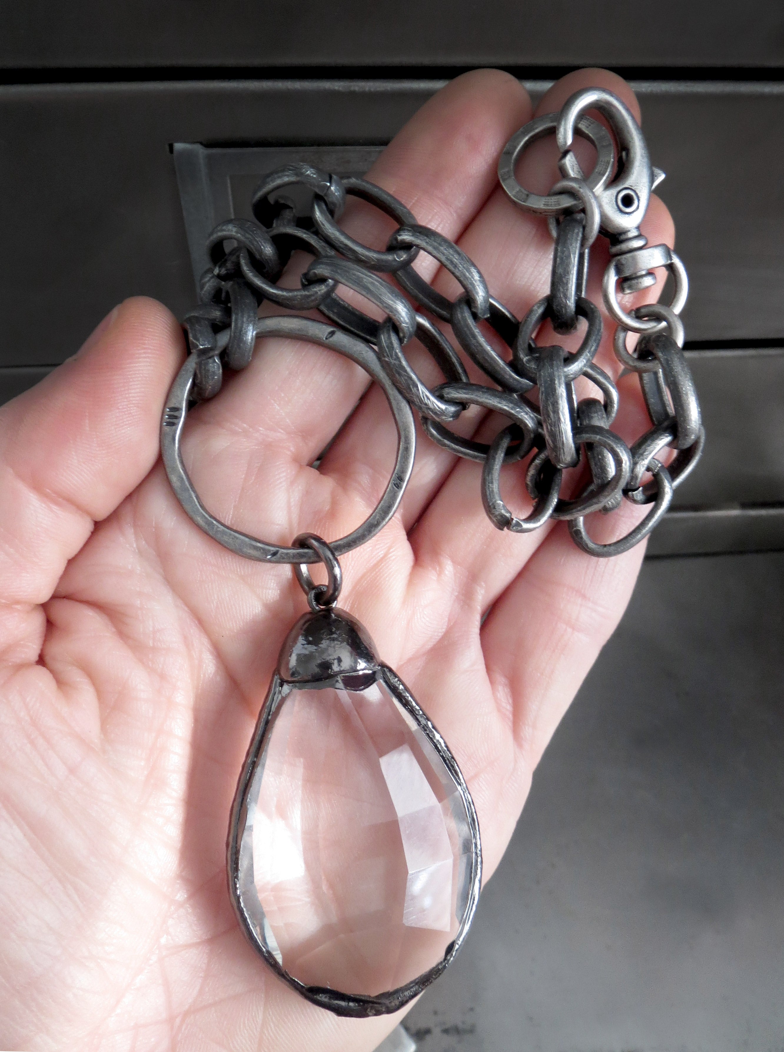 MEDIEVAL: Large Clear Glass Teardrop Necklace with Chunky Antique Silver Chain