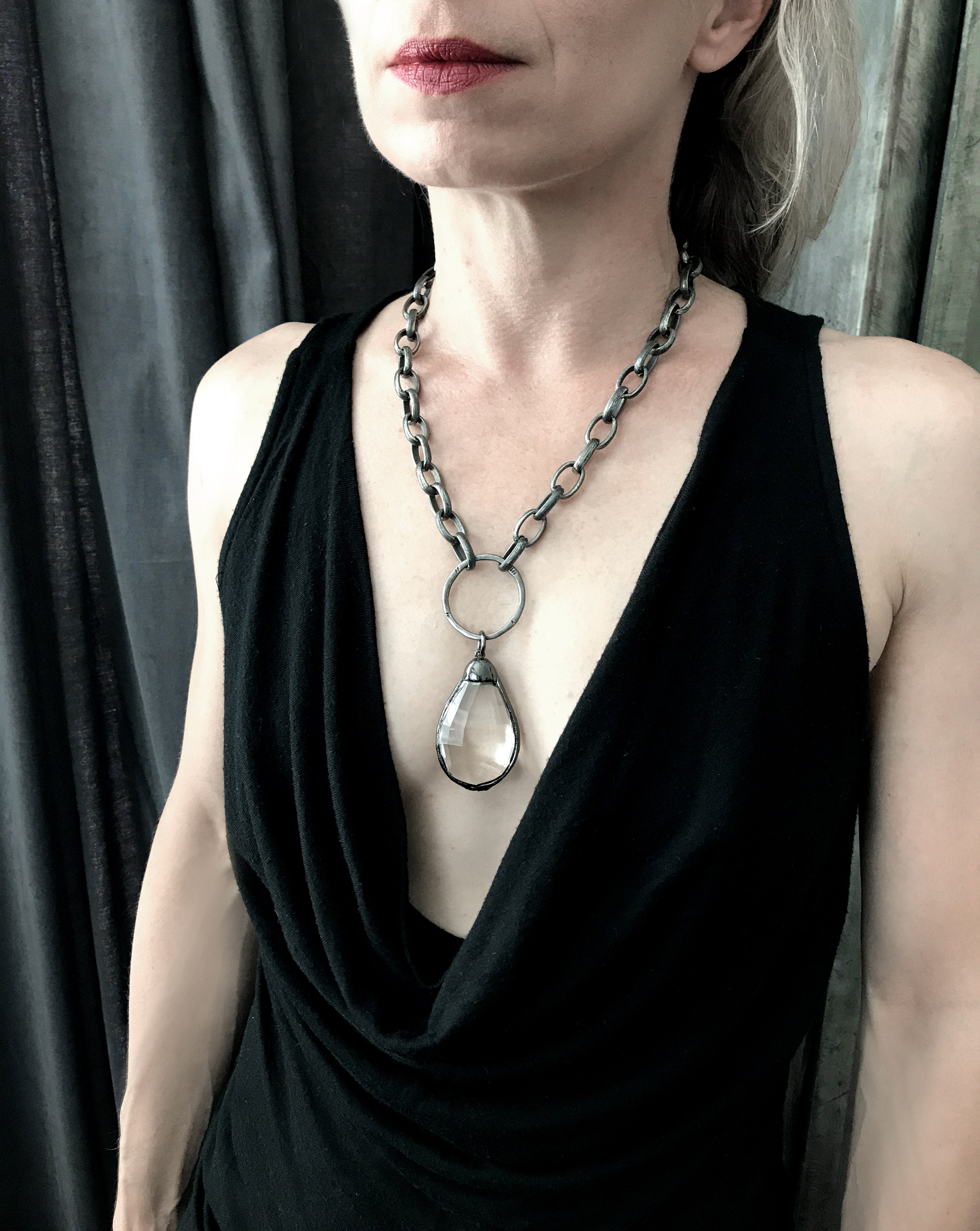 MEDIEVAL: Large Clear Glass Teardrop Necklace with Chunky Antique Silver Chain