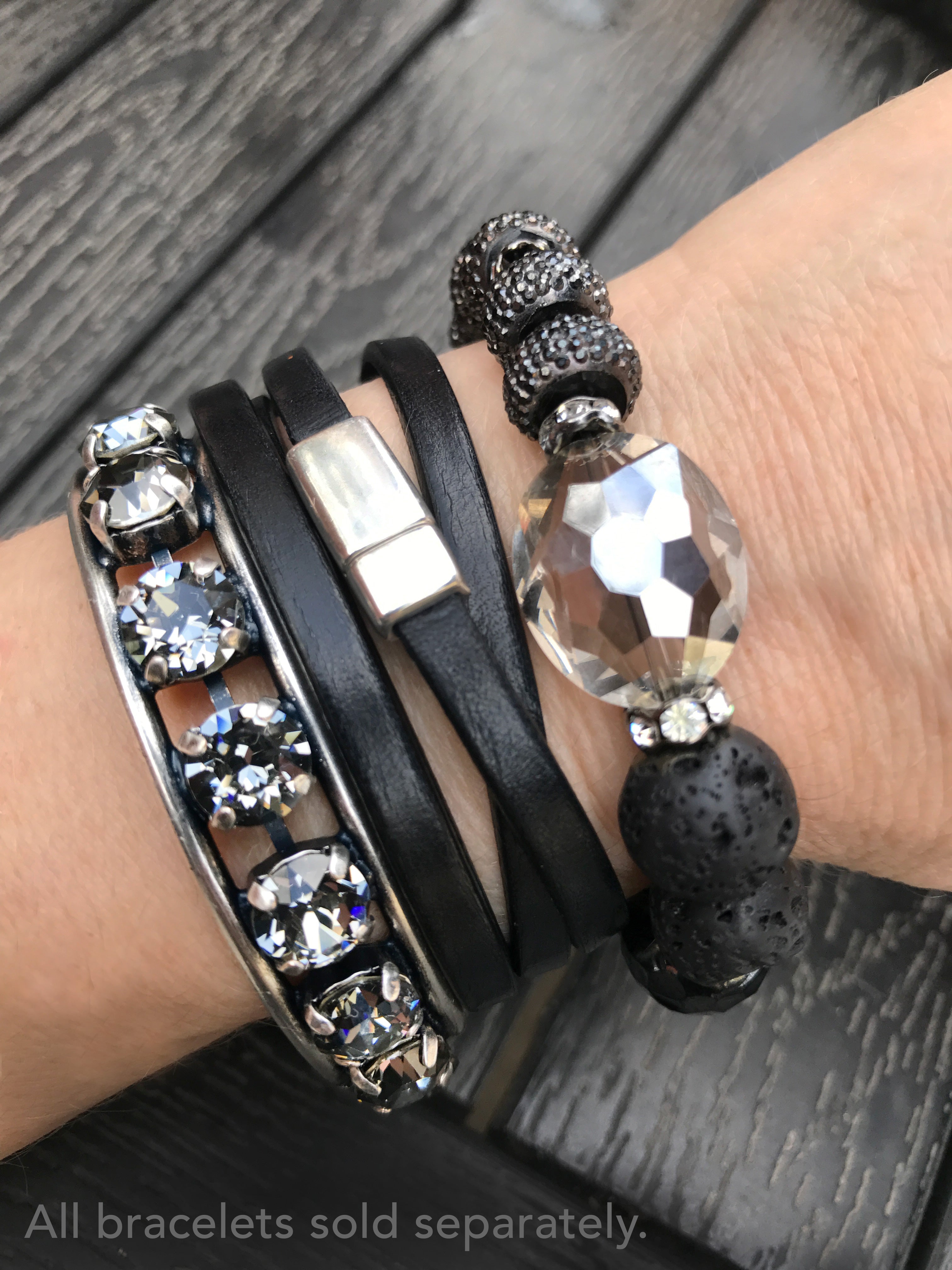 SILVER MOON - Black Lava Bead Bracelet with Crystal
