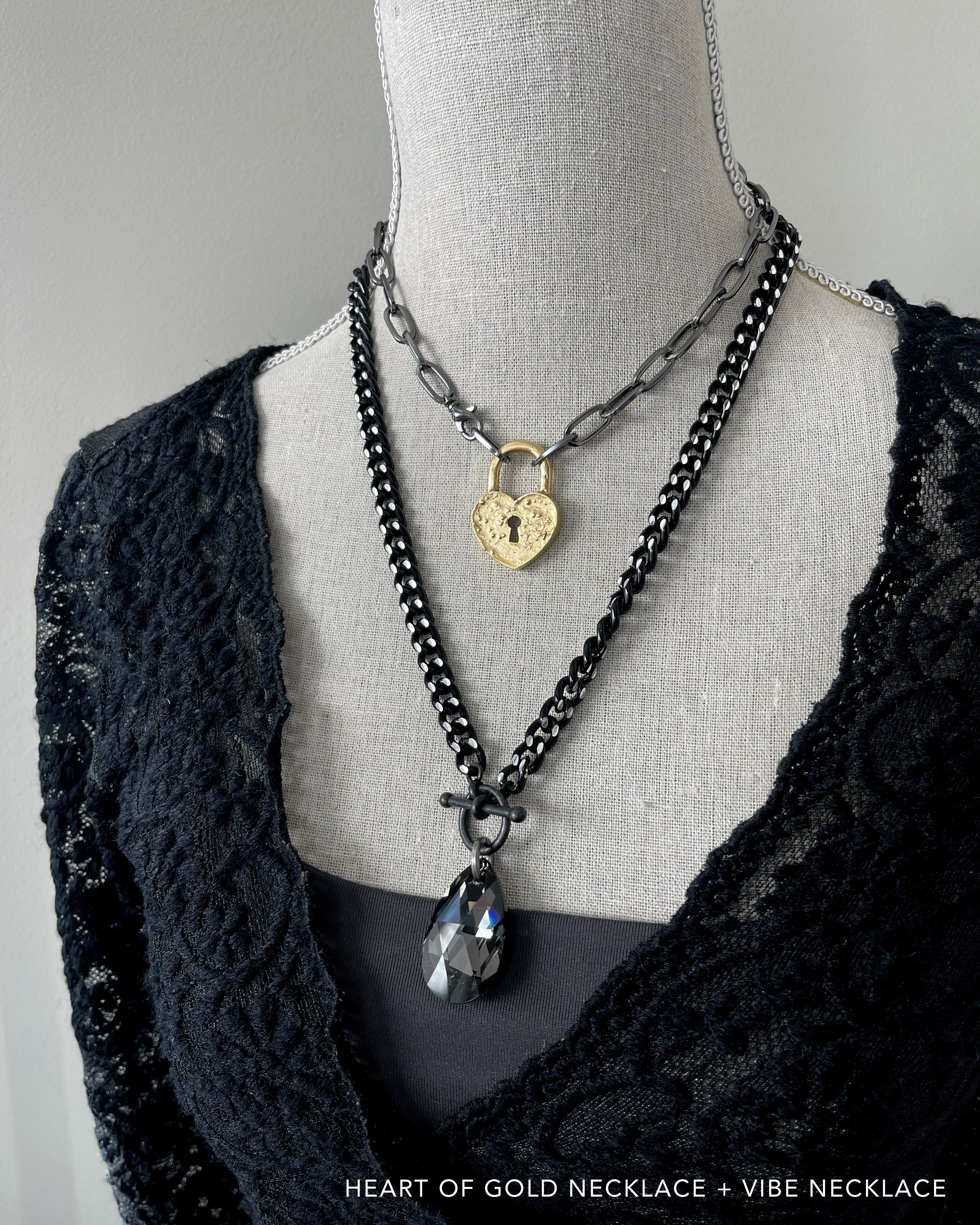 VIBE V4 - Two Sided Silver + Black Teardrop Crystal Necklace with Thick Chain