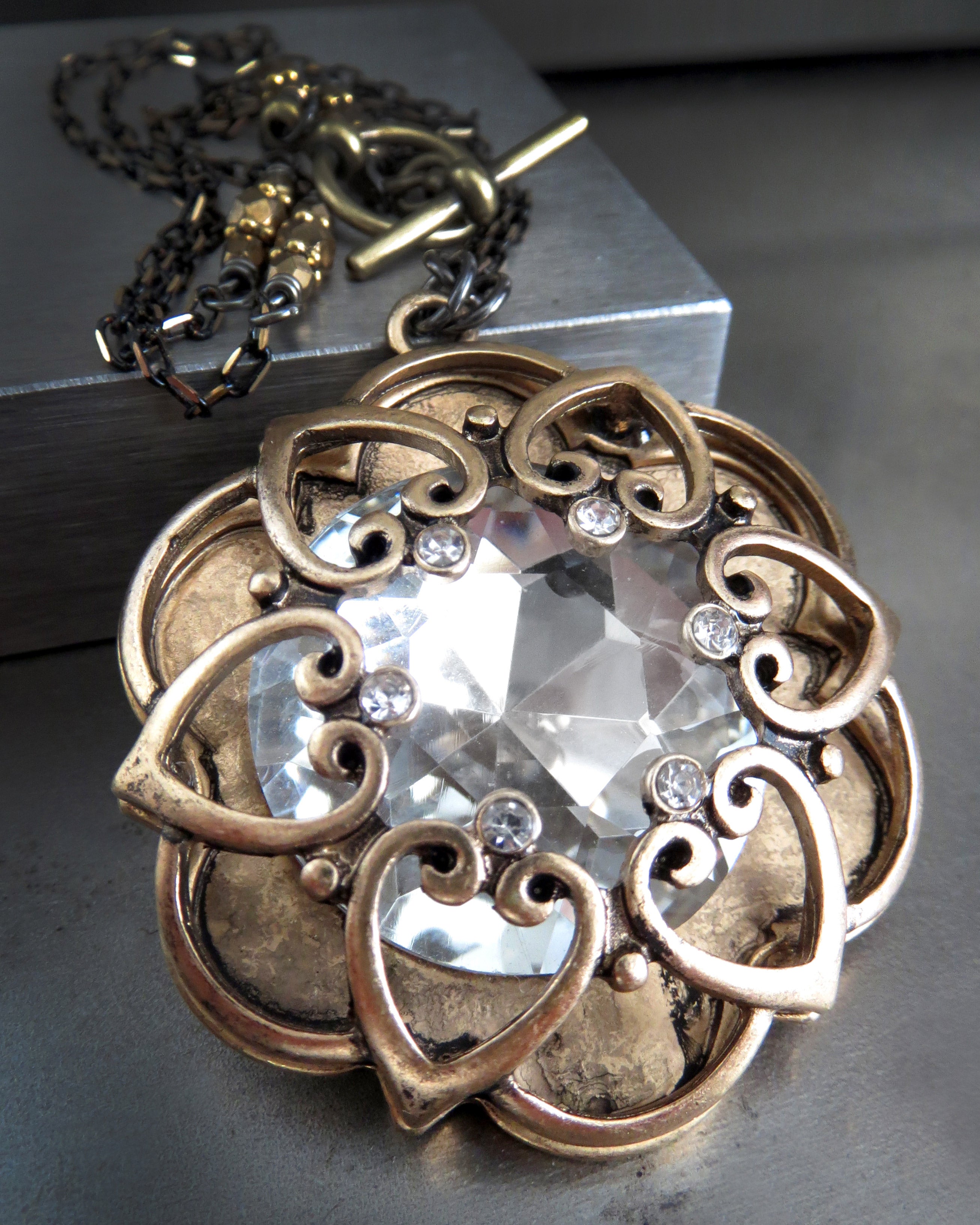 INNER LIGHT - Large Crystal Pendant with Antique Gold Mandala Cage