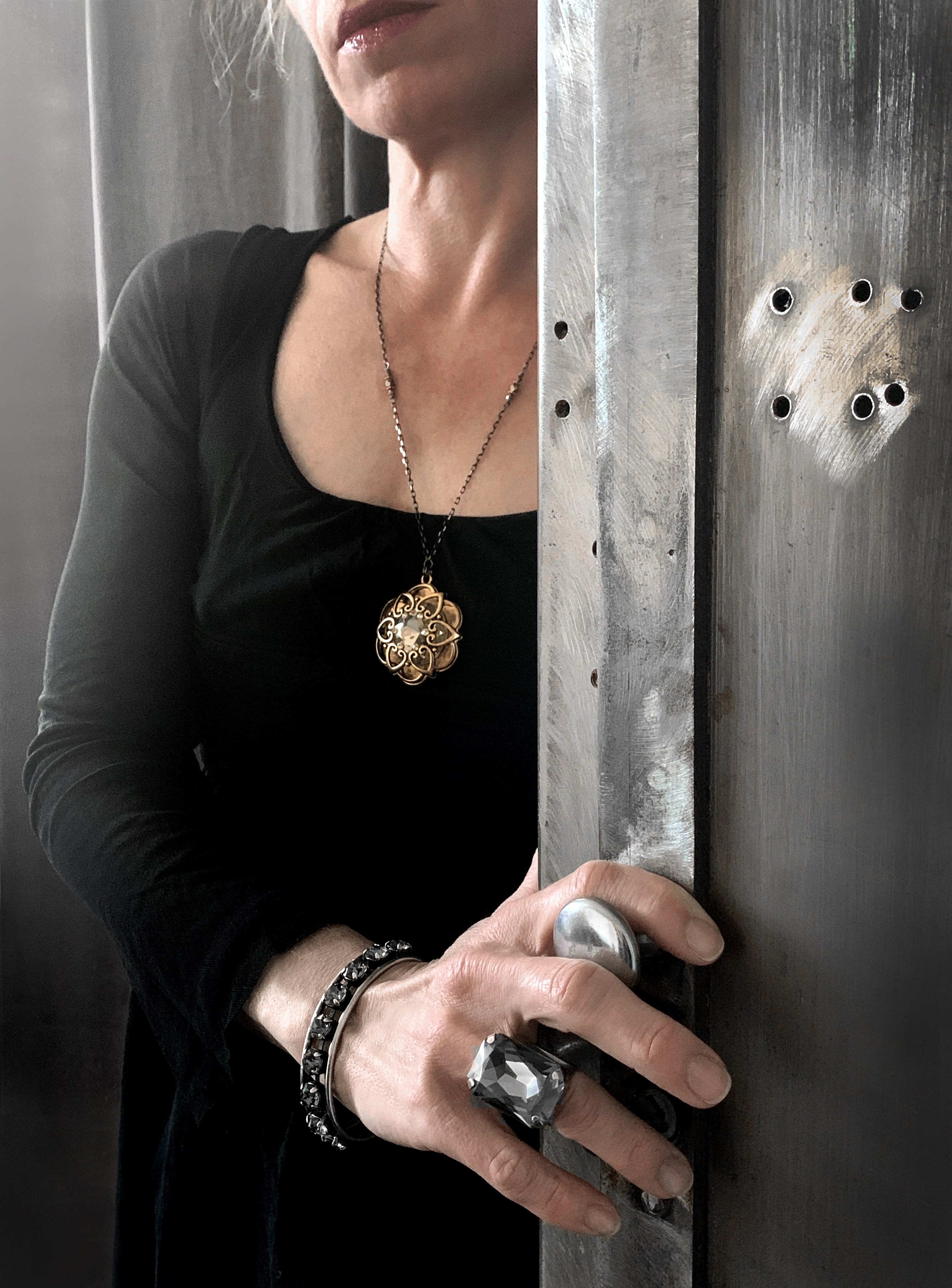 INNER LIGHT - Large Crystal Pendant with Antique Gold Mandala Cage