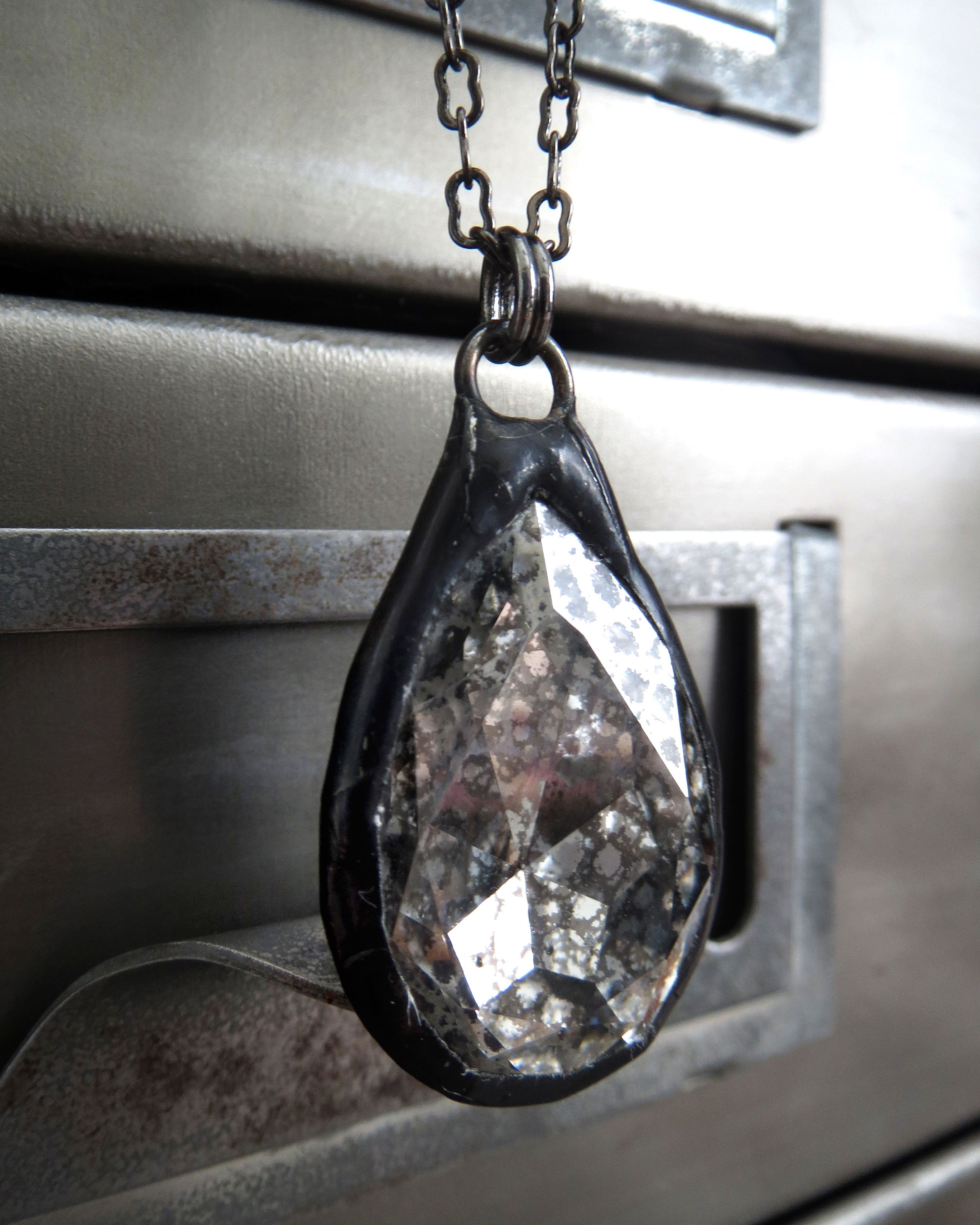 MERCURY - Gothic Silver Patina Crystal Teardrop Necklace
