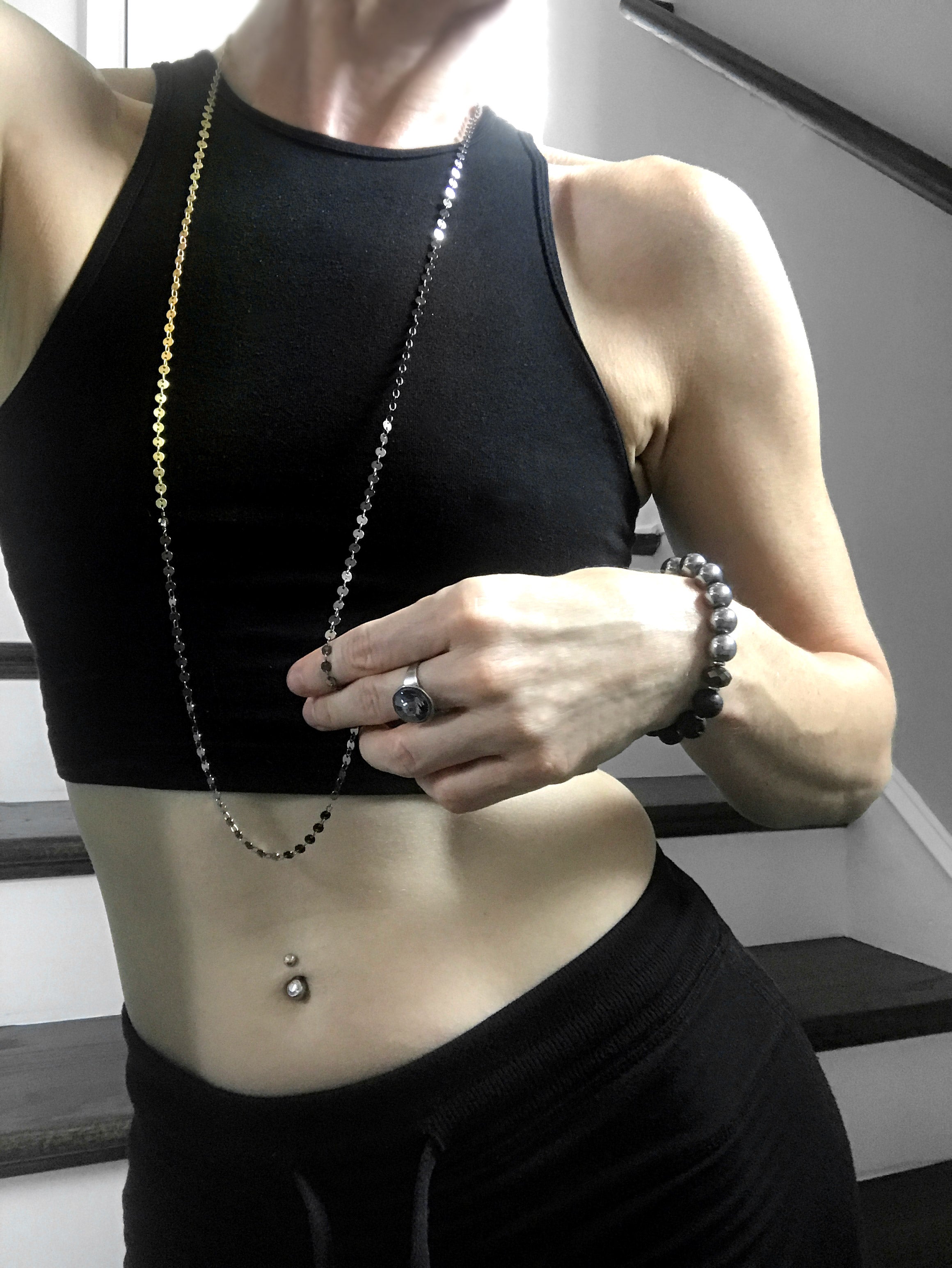 SHIMMER - Ultra Long Necklace in Sparkly Black and Gold Coin Chain
