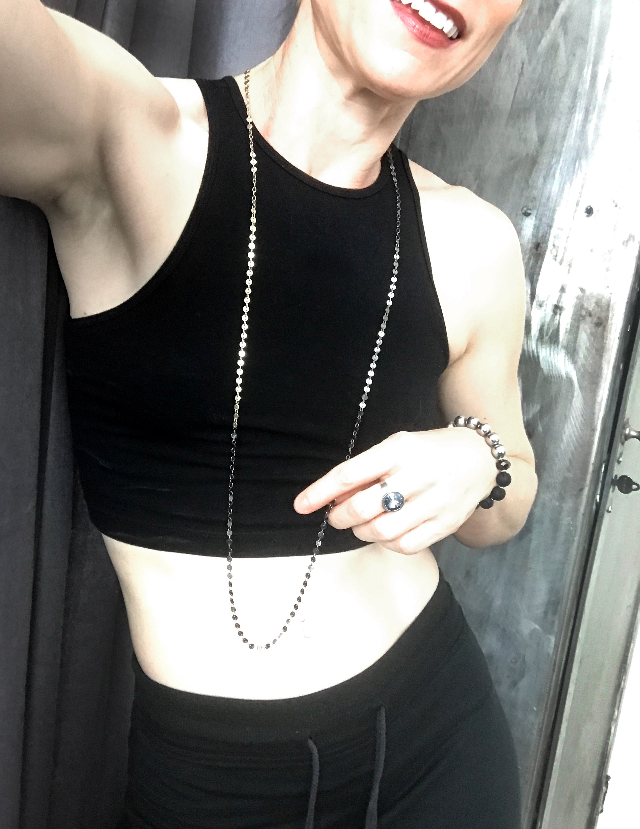 SHIMMER - Ultra Long Necklace in Sparkly Black and Gold Coin Chain