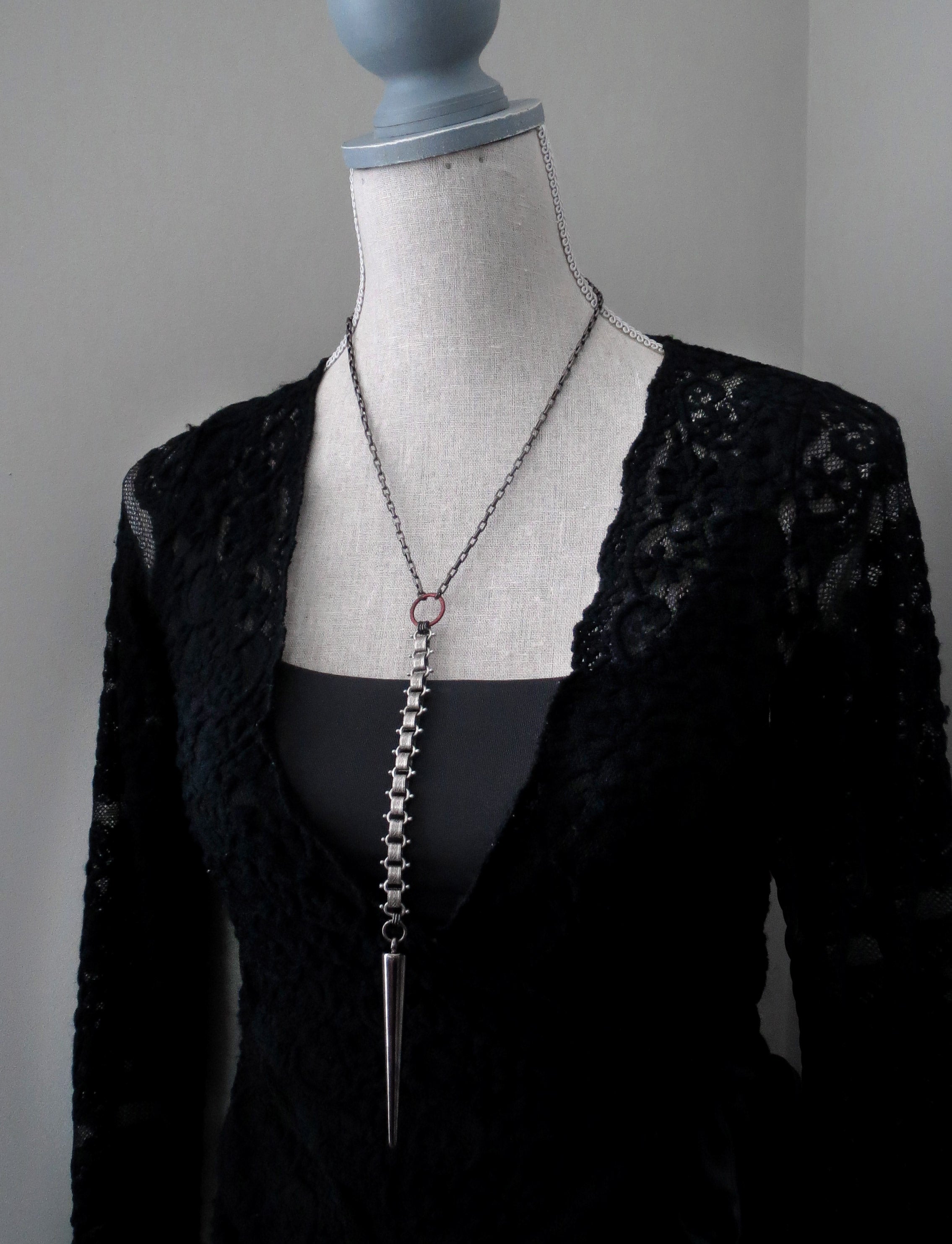VICTORY - Long Y Necklace with Large Gunmetal Spike with Vintage Style Chain