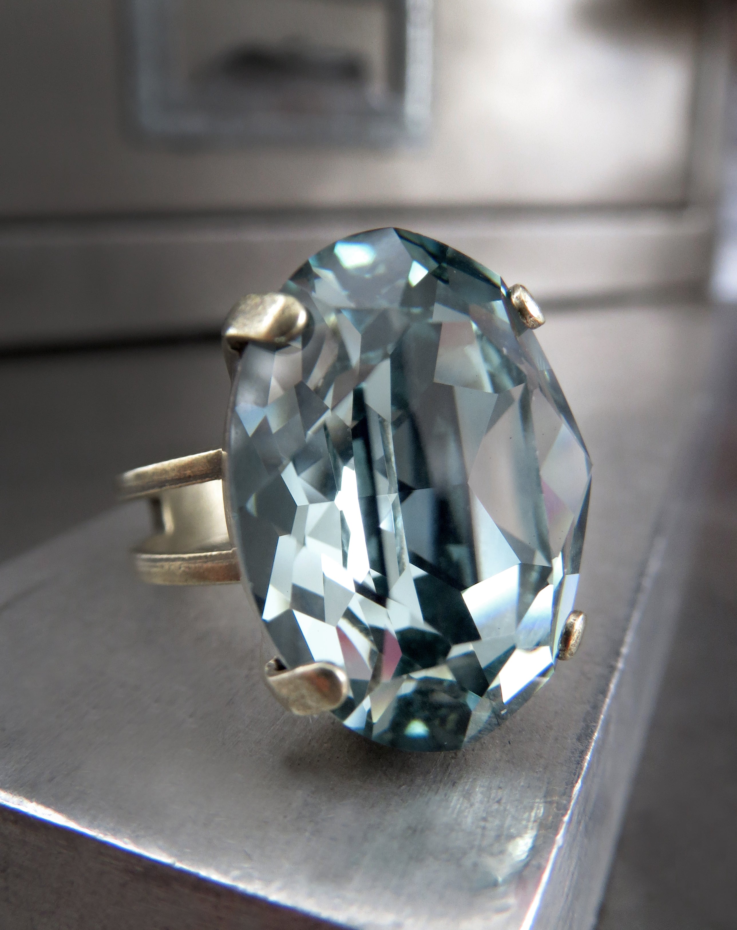 VINTAGE SEAFOAM - Muted Green-Blue Crystal Ring - Antiqued Brass