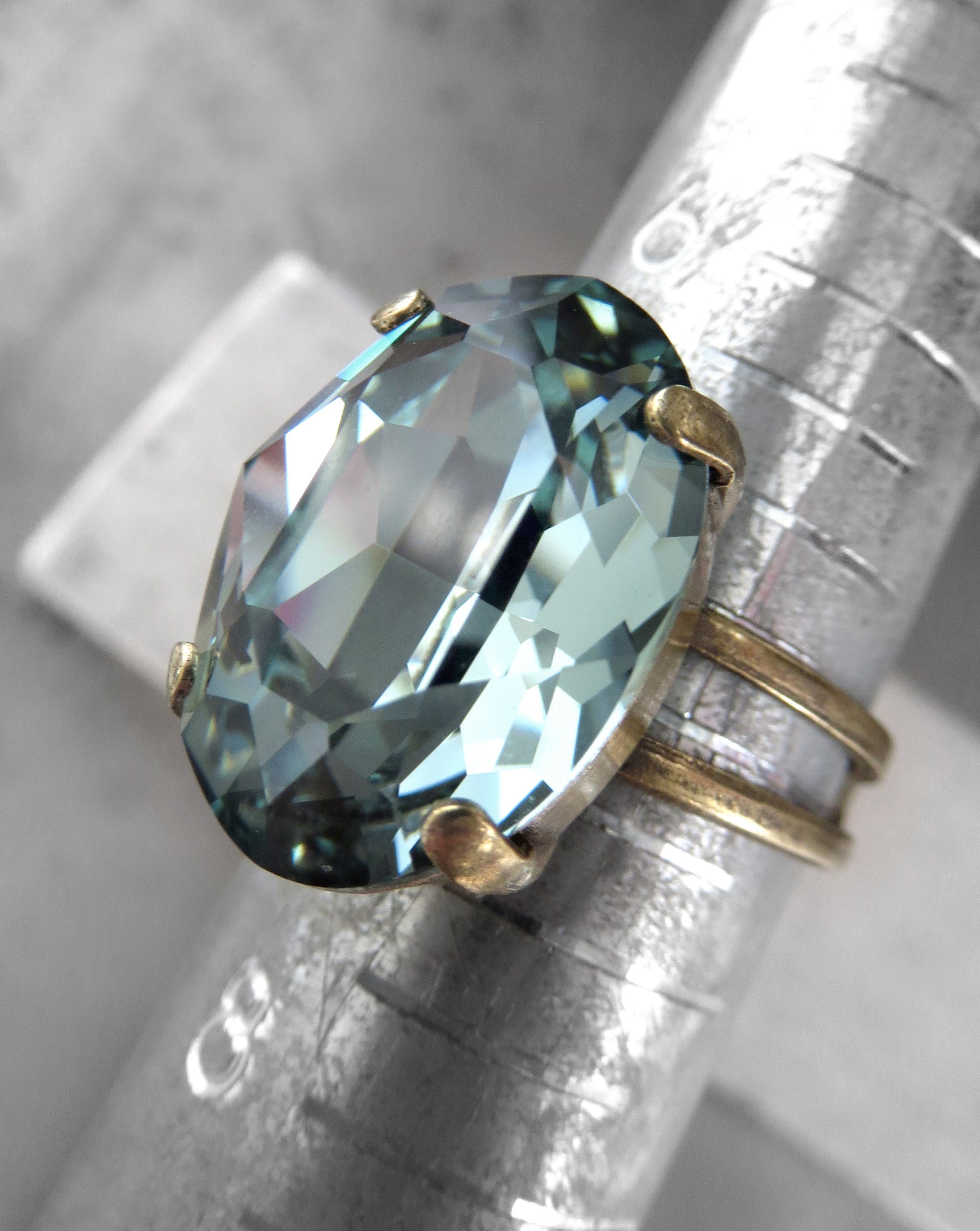 VINTAGE SEAFOAM - Muted Green-Blue Crystal Ring - Antiqued Brass