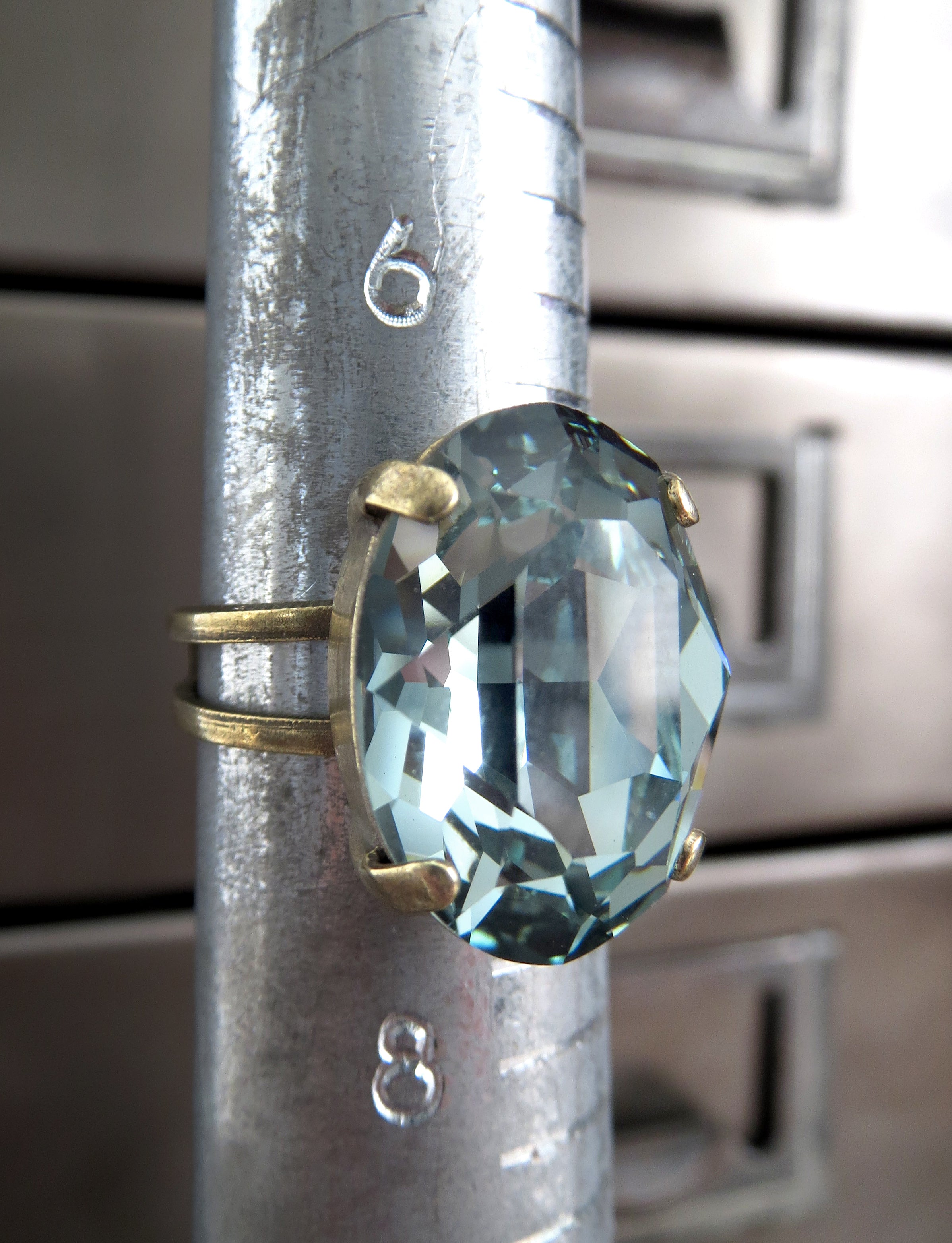 VINTAGE SEAFOAM - Muted Green-Blue Crystal Ring - Antiqued Brass
