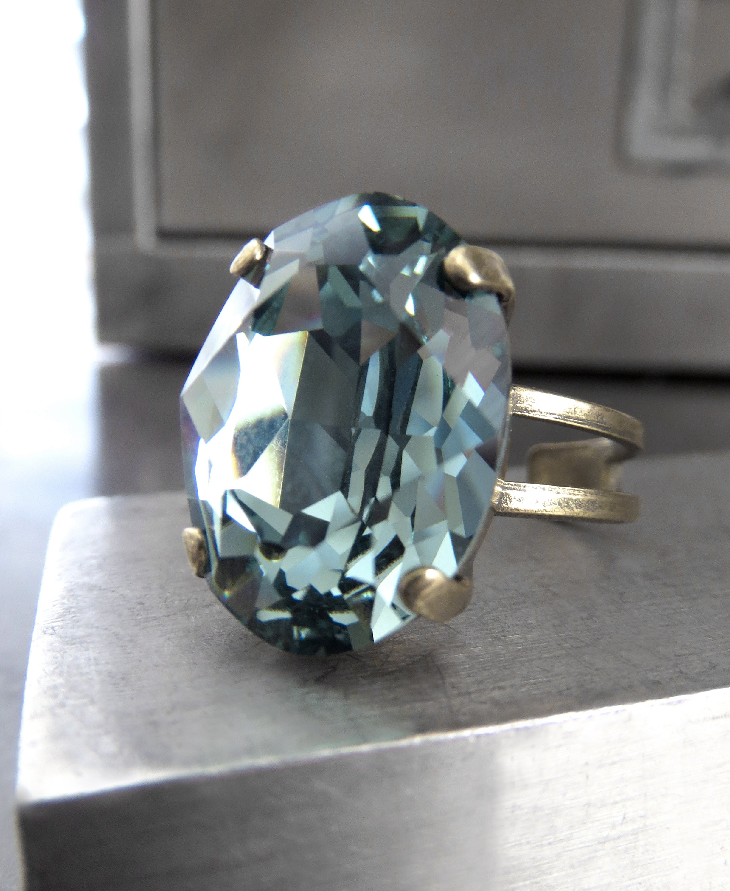 VINTAGE SEAFOAM - Muted Green-Blue Crystal Ring - Antiqued Brass