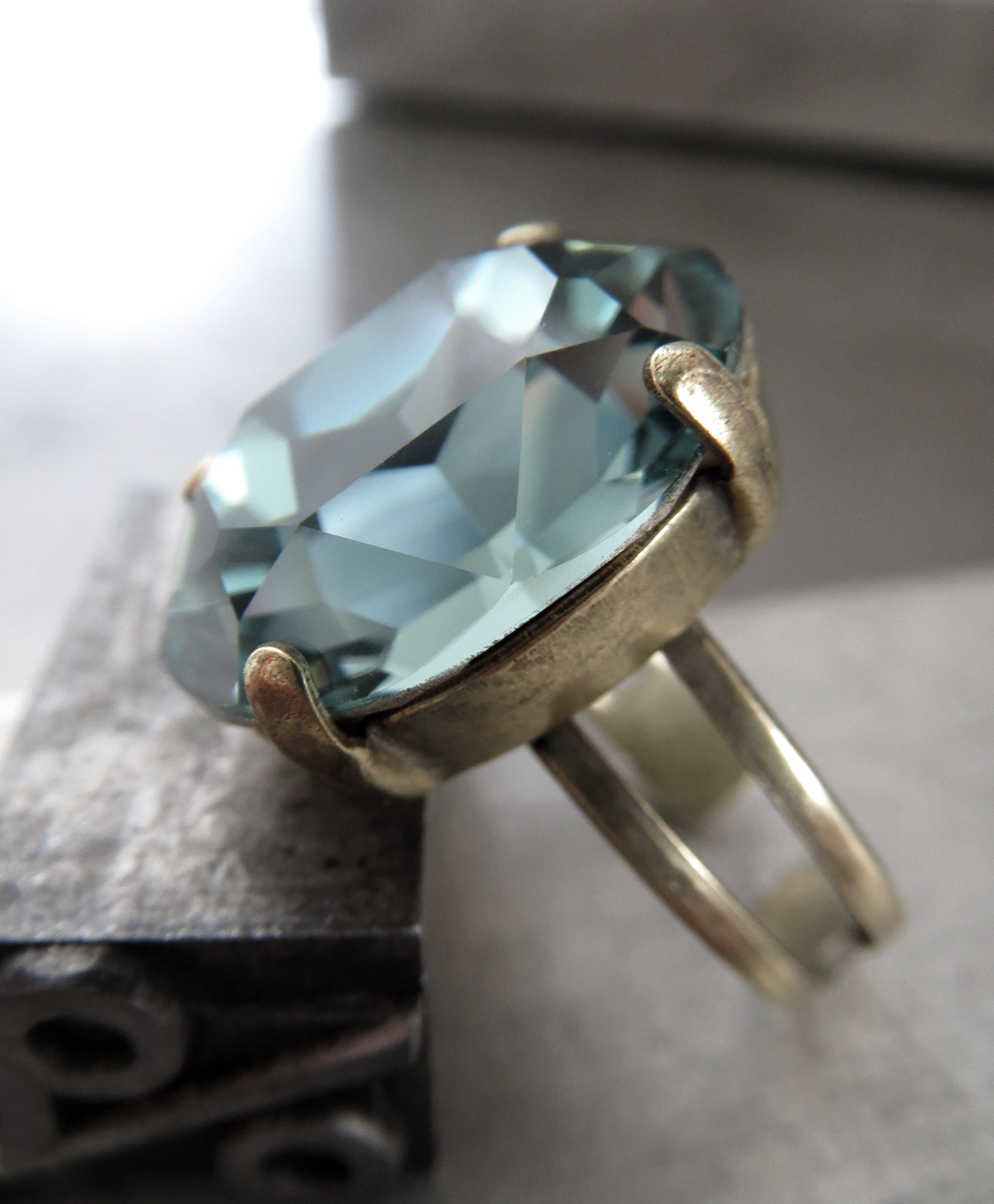 VINTAGE SEAFOAM - Muted Green-Blue Crystal Ring - Antiqued Brass