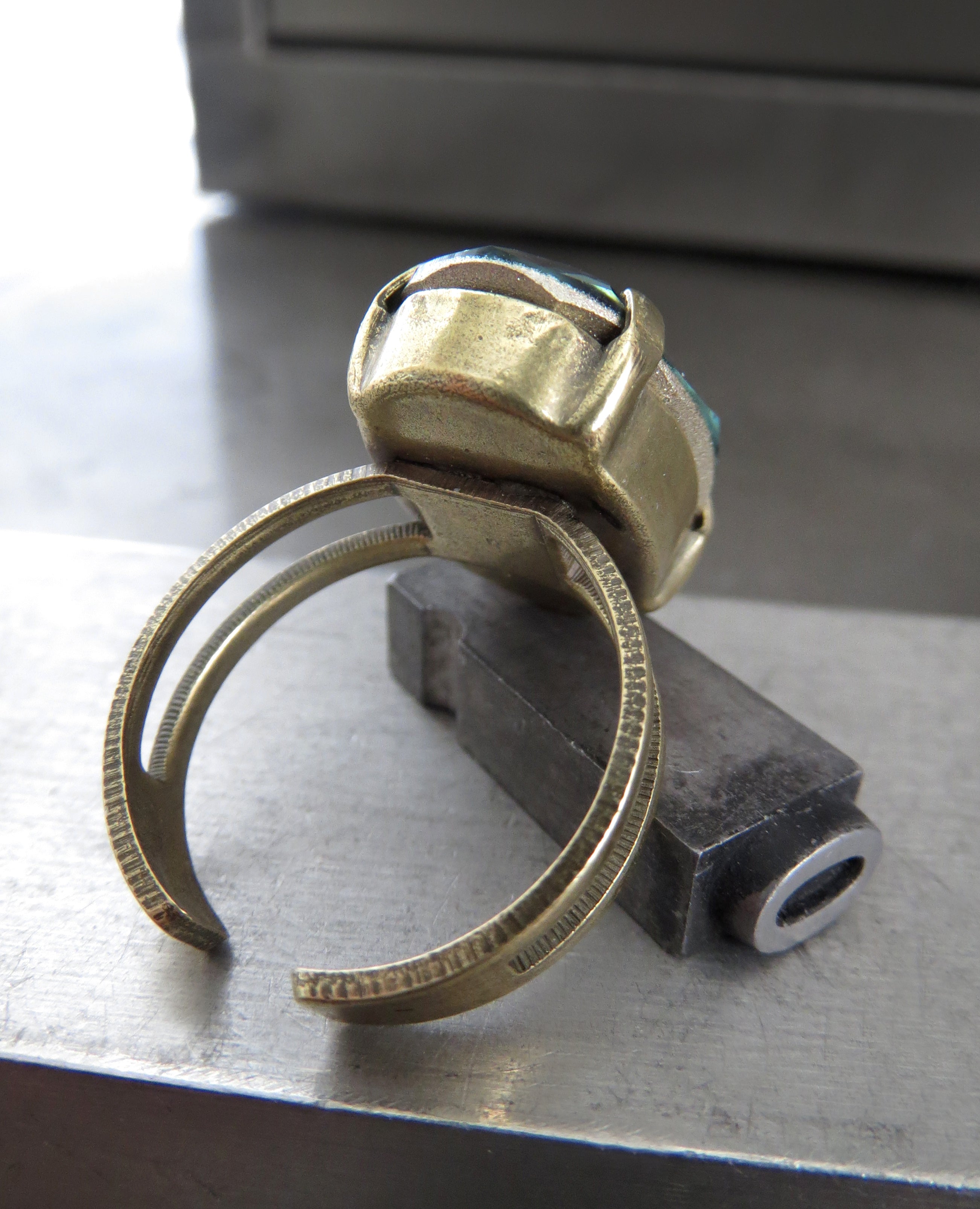 VINTAGE SEAFOAM - Muted Green-Blue Crystal Ring - Antiqued Brass