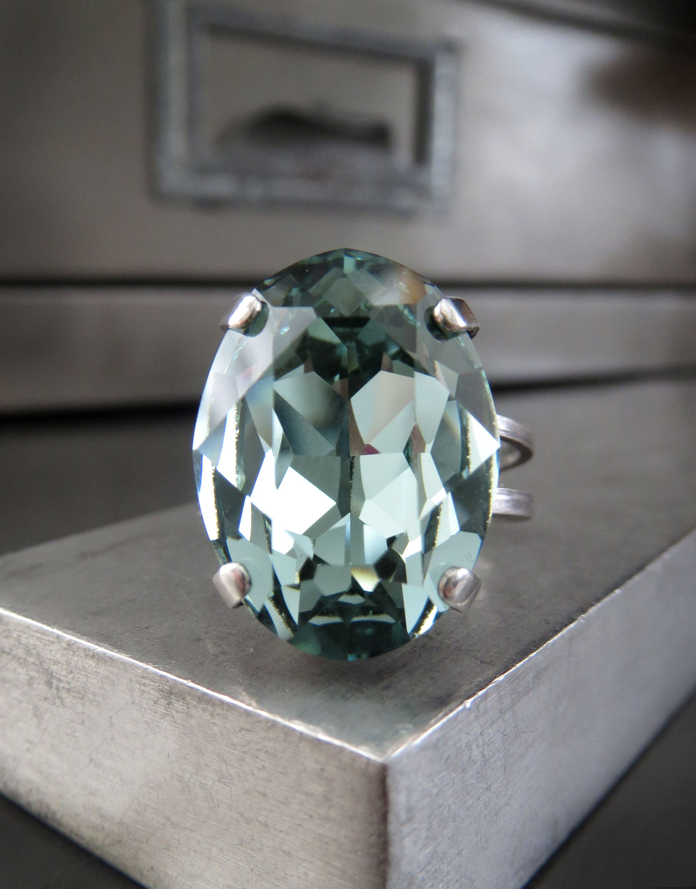 ICED SEAFOAM - Sheer Blue-Green Oval Crystal Ring
