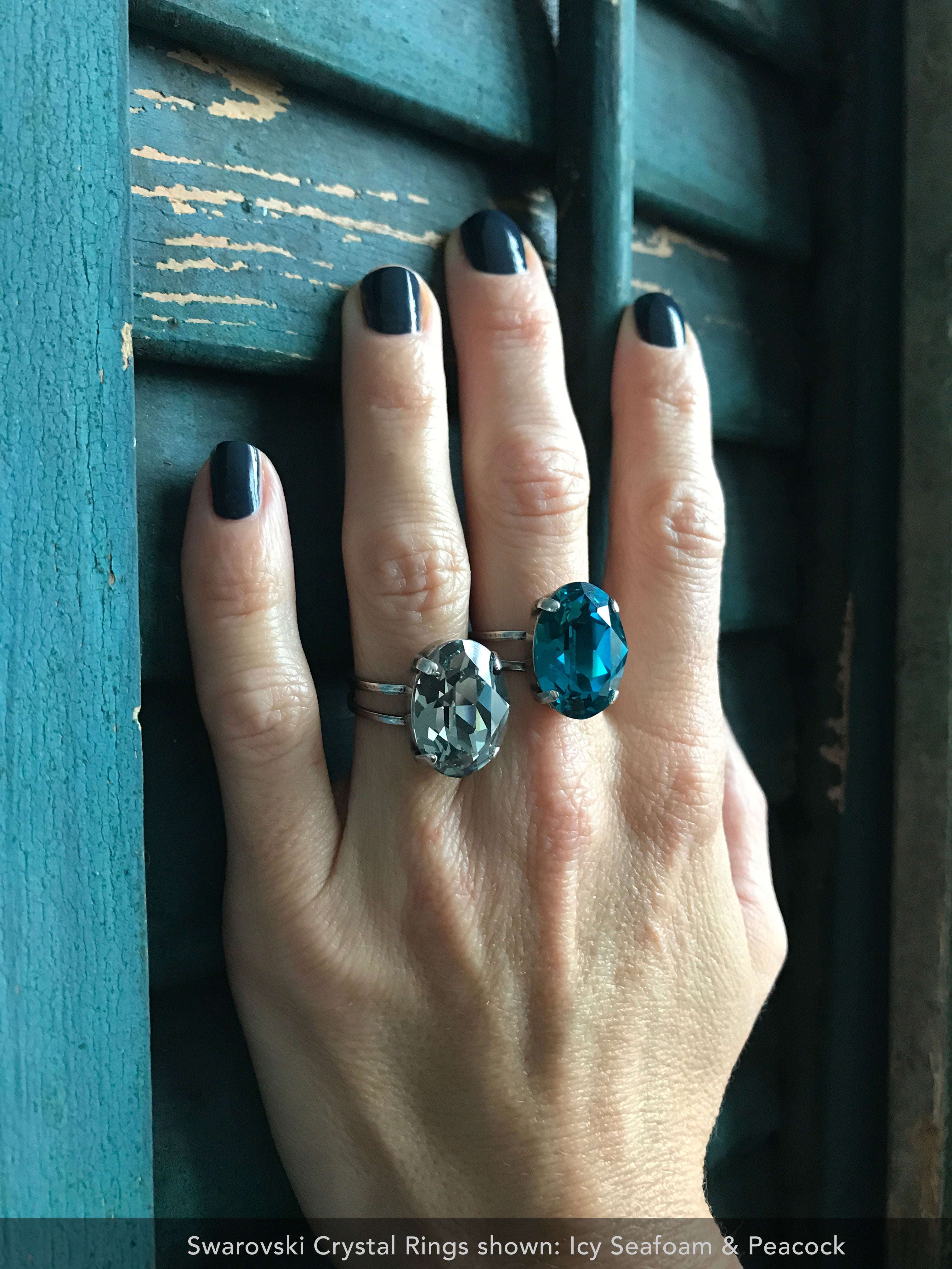 VINTAGE SEAFOAM - Muted Green-Blue Crystal Ring - Antiqued Brass