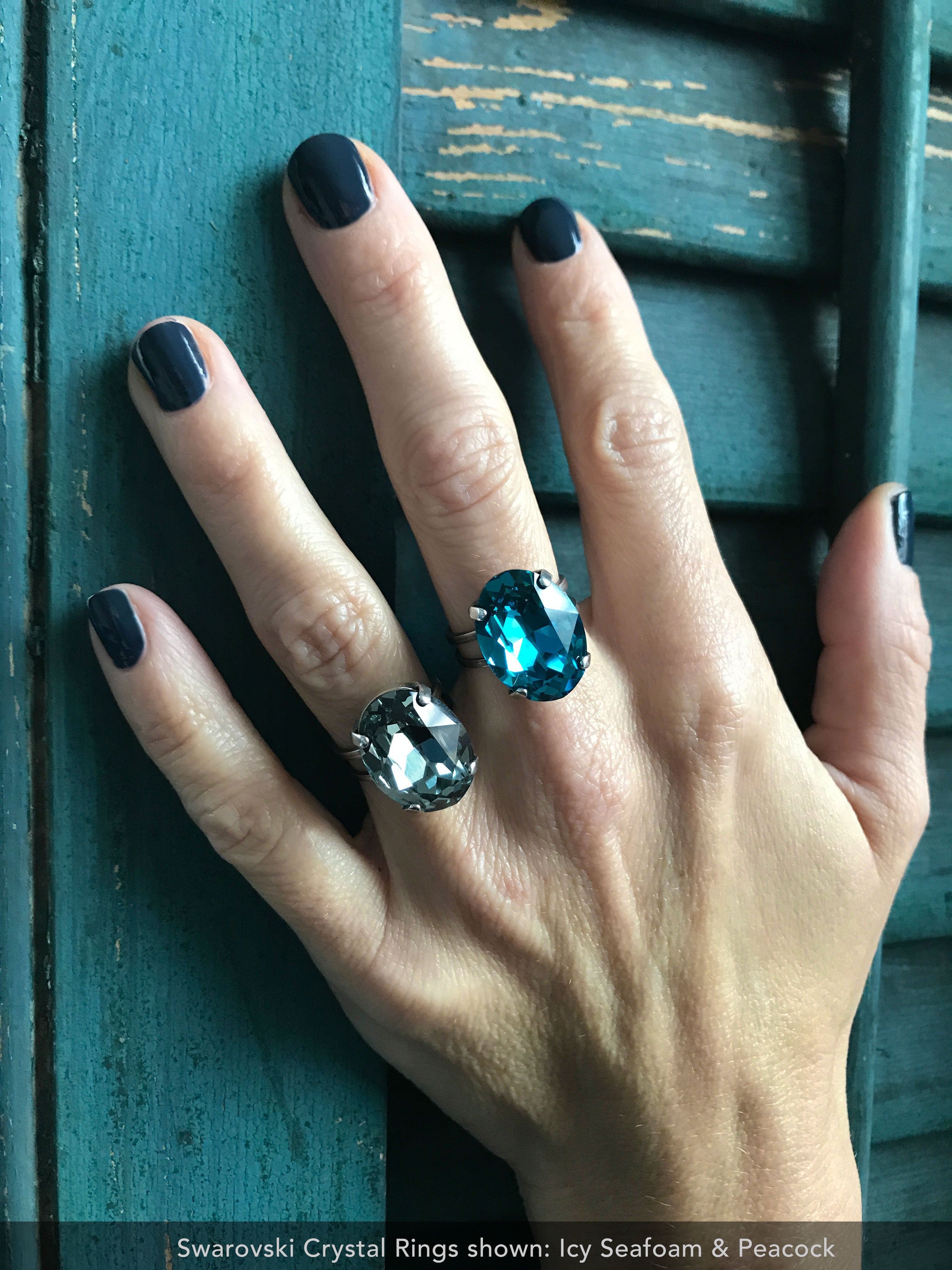 VINTAGE SEAFOAM - Muted Green-Blue Crystal Ring - Antiqued Brass